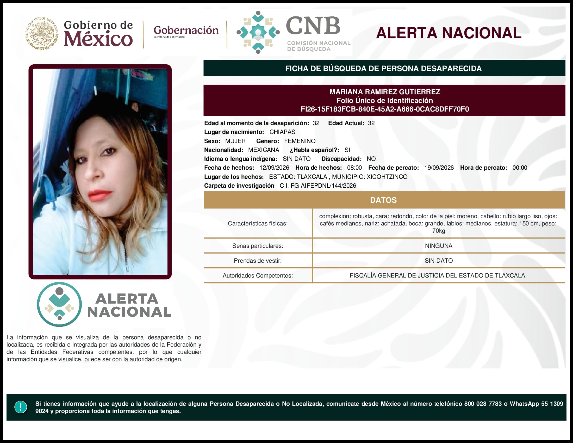 Persona desaparecida Mariana Ramirez Gutierrez
