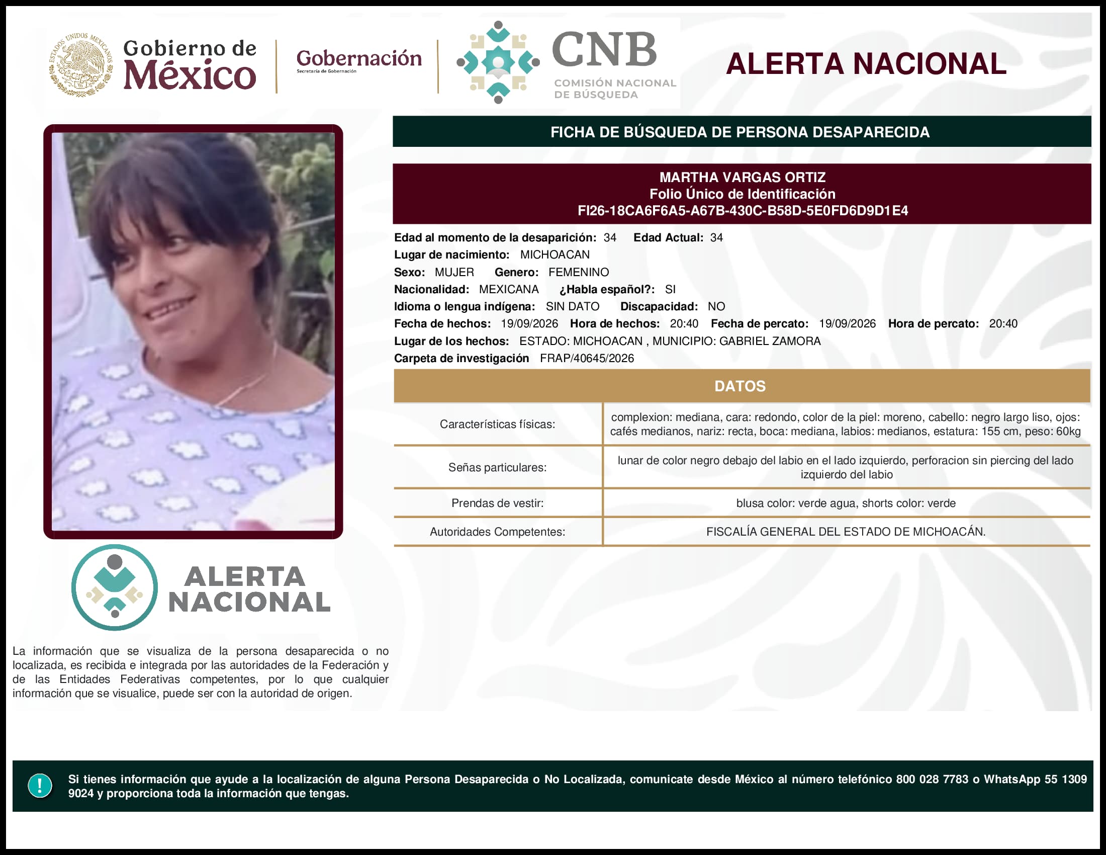 Persona desaparecida Martha Vargas Ortiz