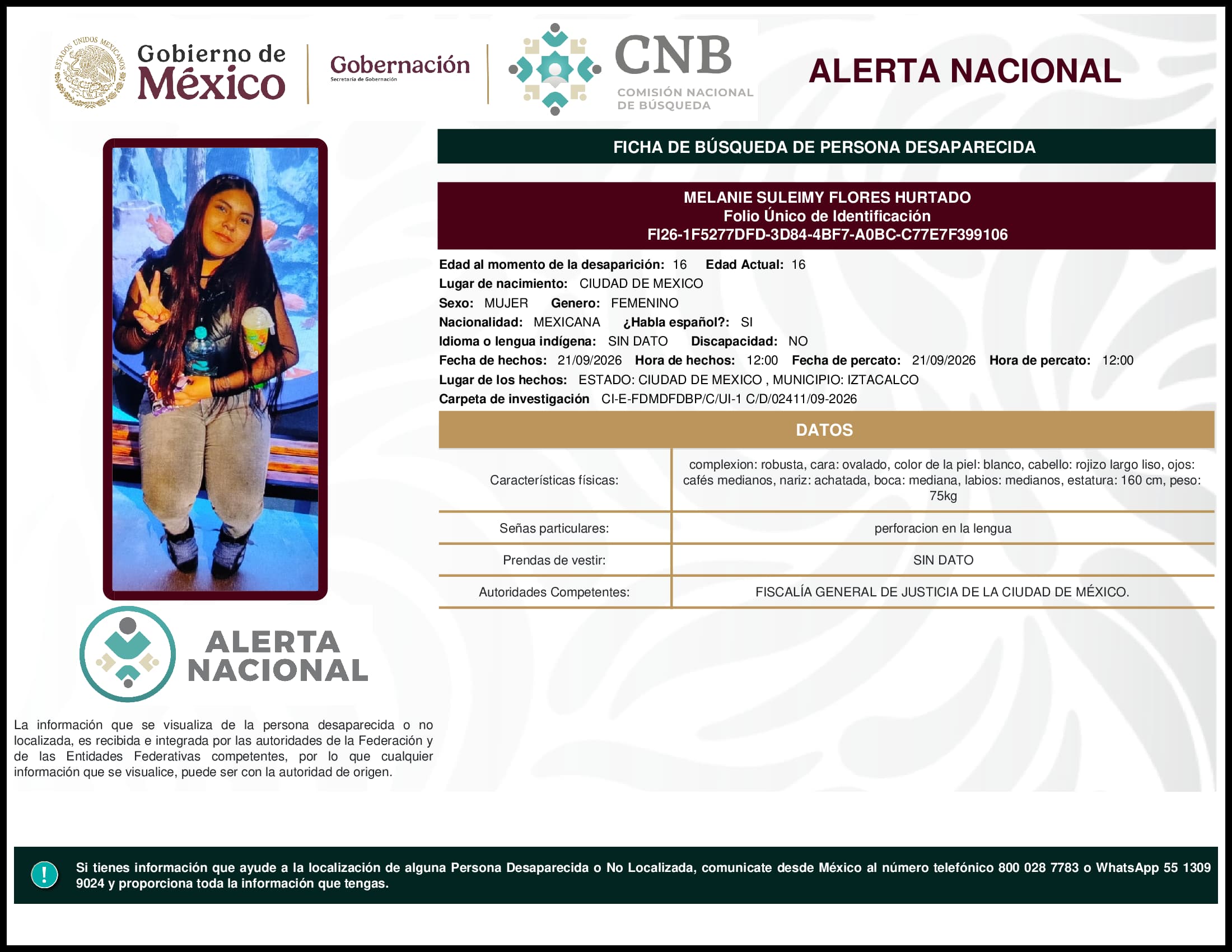 Persona desaparecida Melanie Suleimy Flores Hurtado