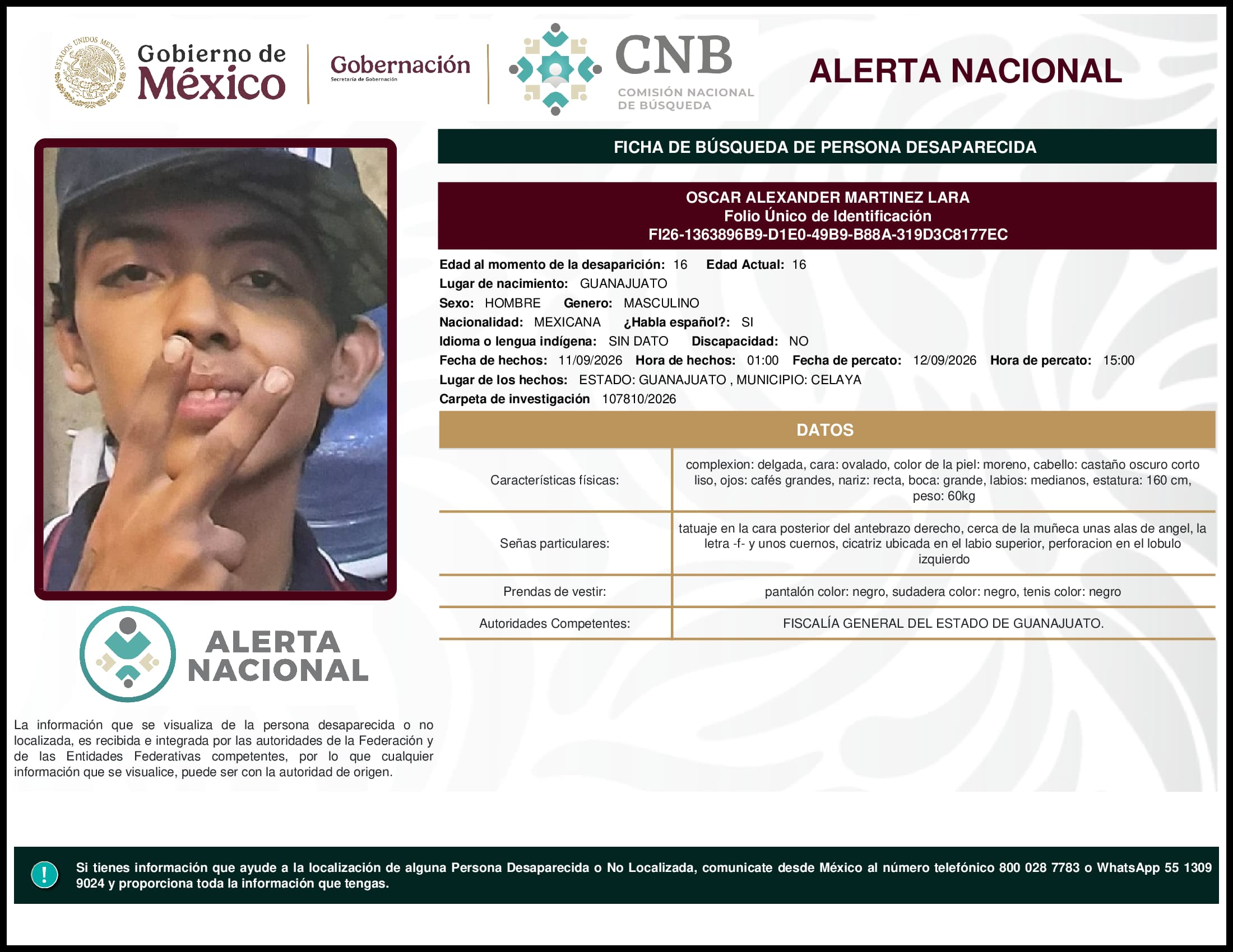 Persona desaparecida Oscar Alexander Martinez Lara