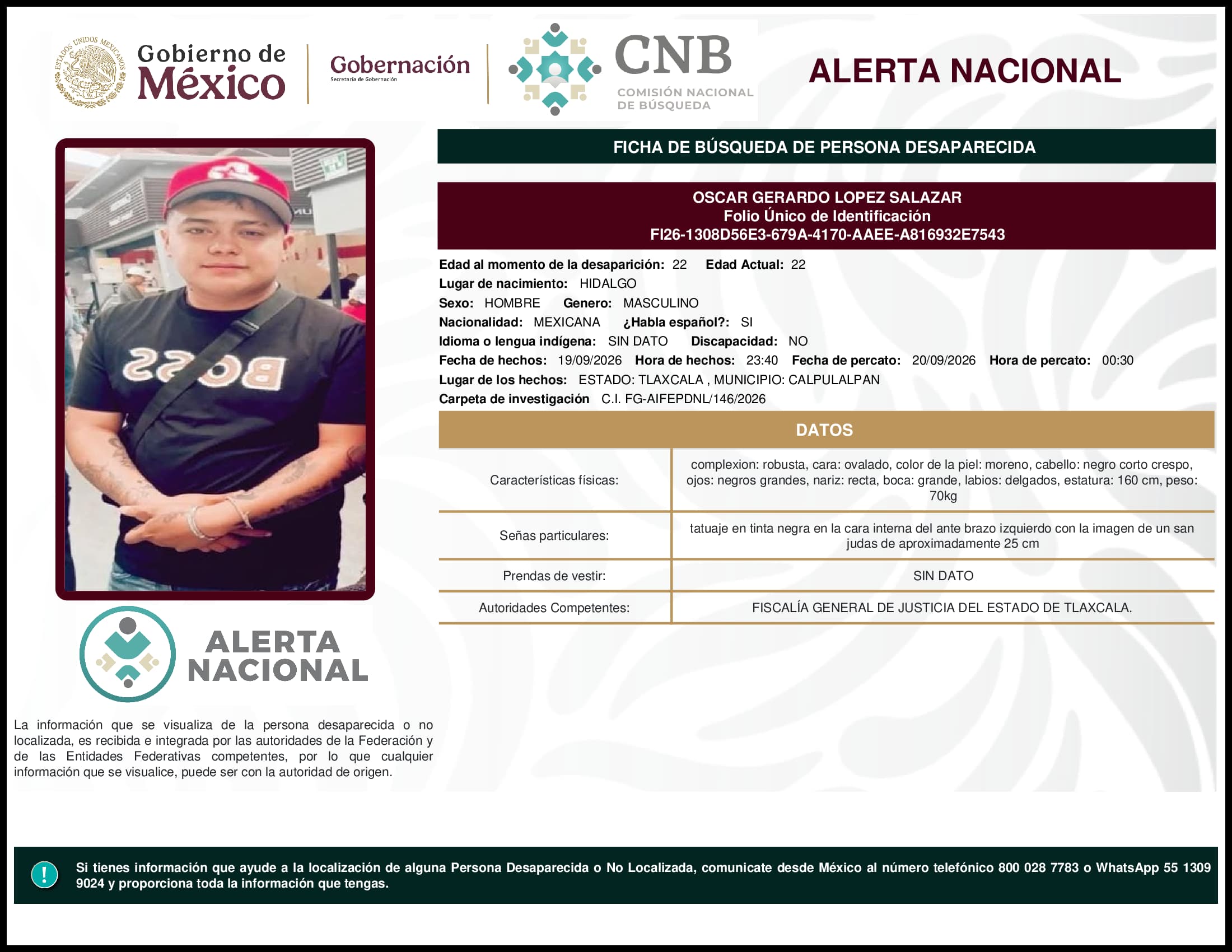 Persona desaparecida Oscar Gerardo Lopez Salazar