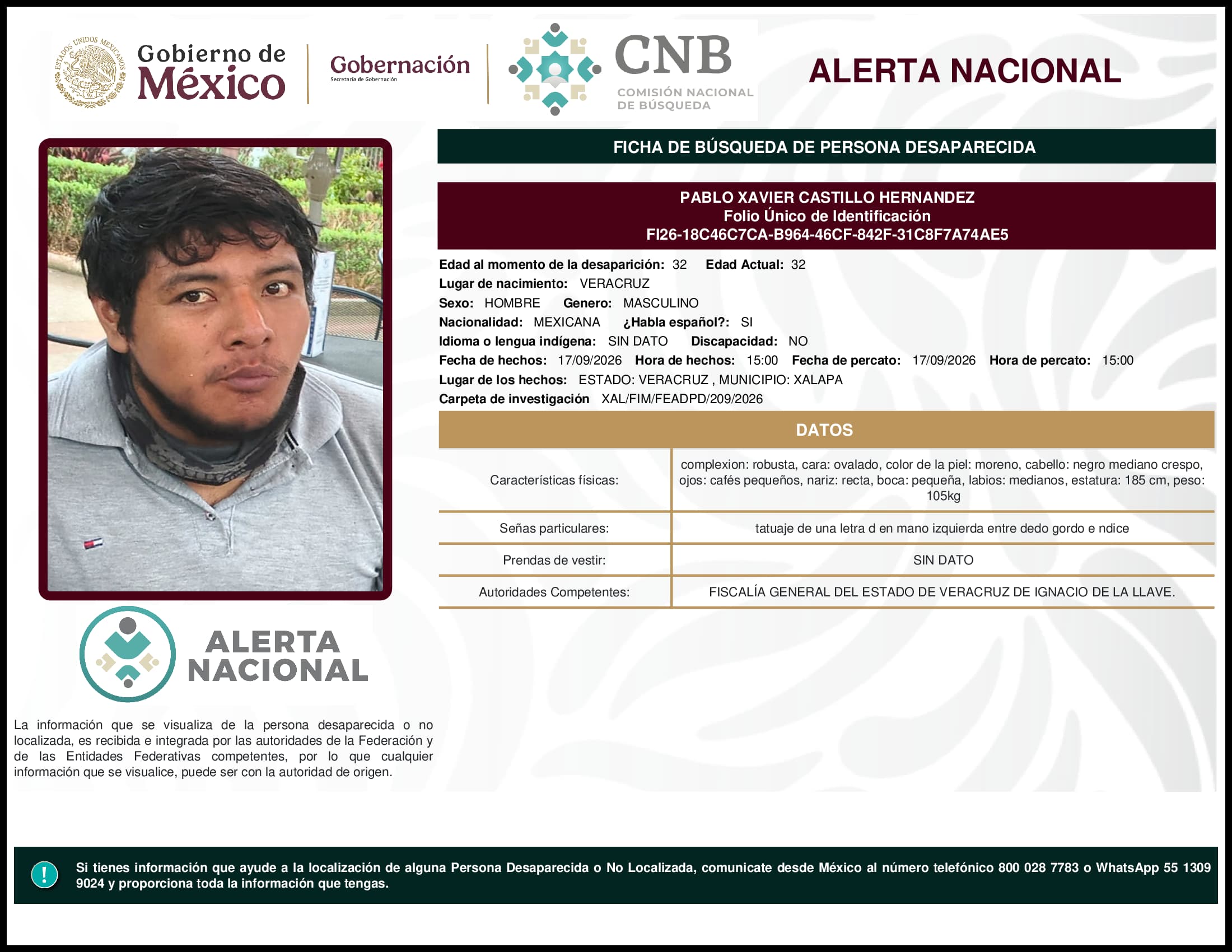 Persona desaparecida Pablo Xavier Castillo Hernandez