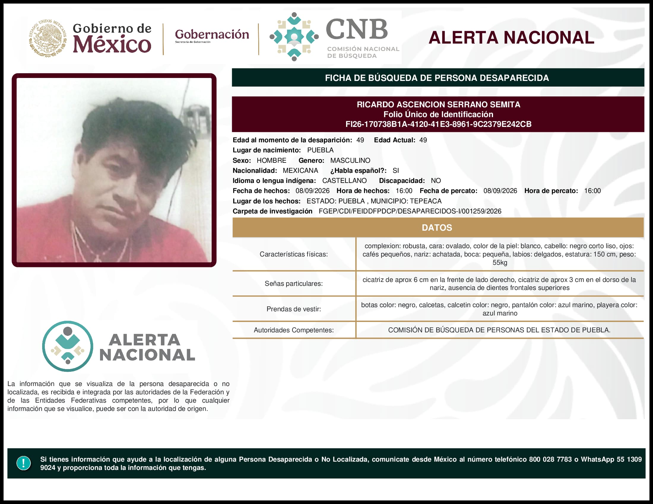 Persona desaparecida Ricardo Ascencion Serrano Semita