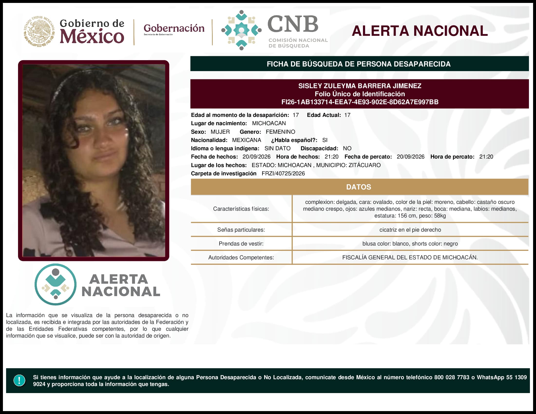 Persona desaparecida Sisley Zuleyma Barrera Jimenez