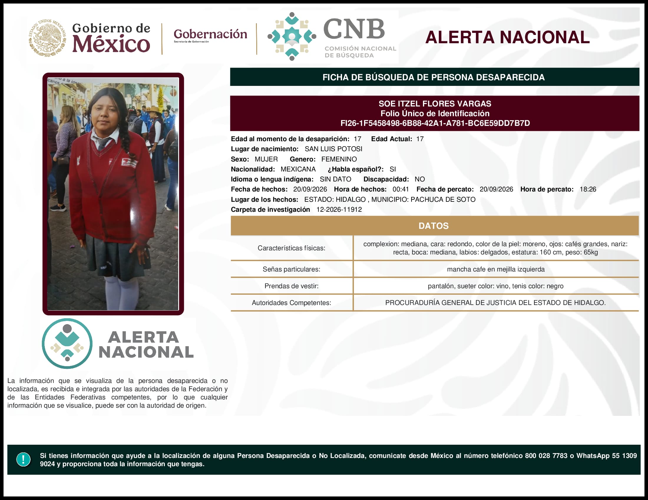 Persona desaparecida Soe Itzel Flores Vargas