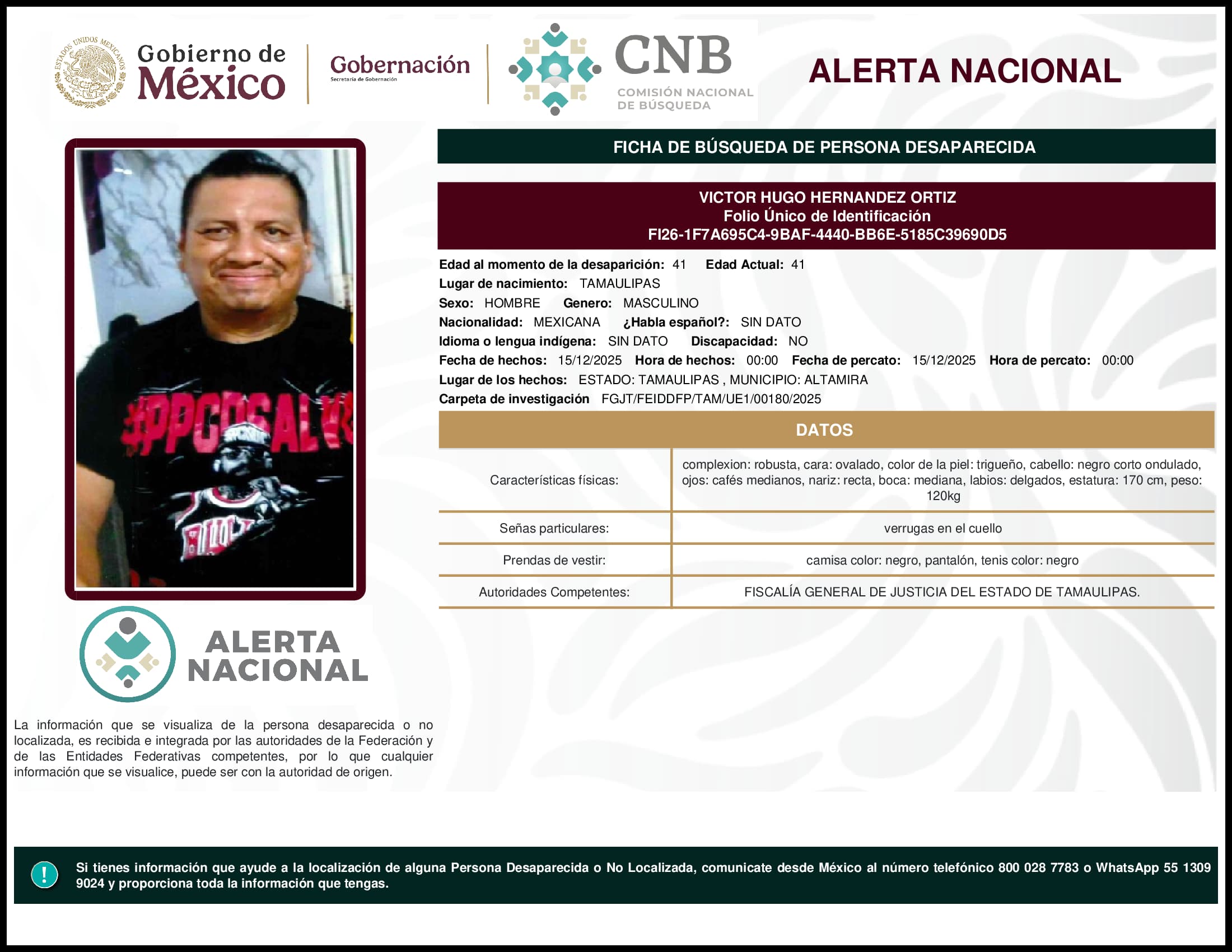 Persona desaparecida Victor Hugo Hernandez Ortiz