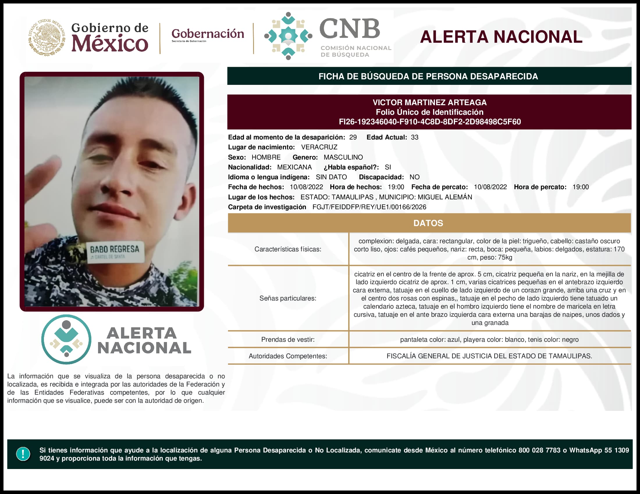 Persona desaparecida Victor Martinez Arteaga