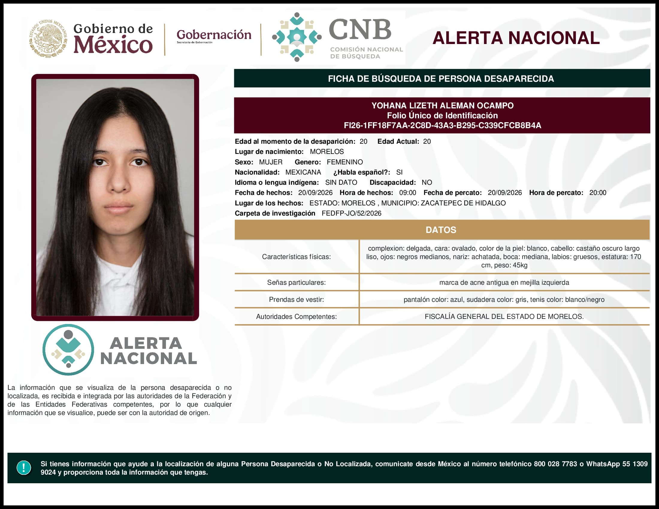 Persona desaparecida Yohana Lizeth Aleman Ocampo