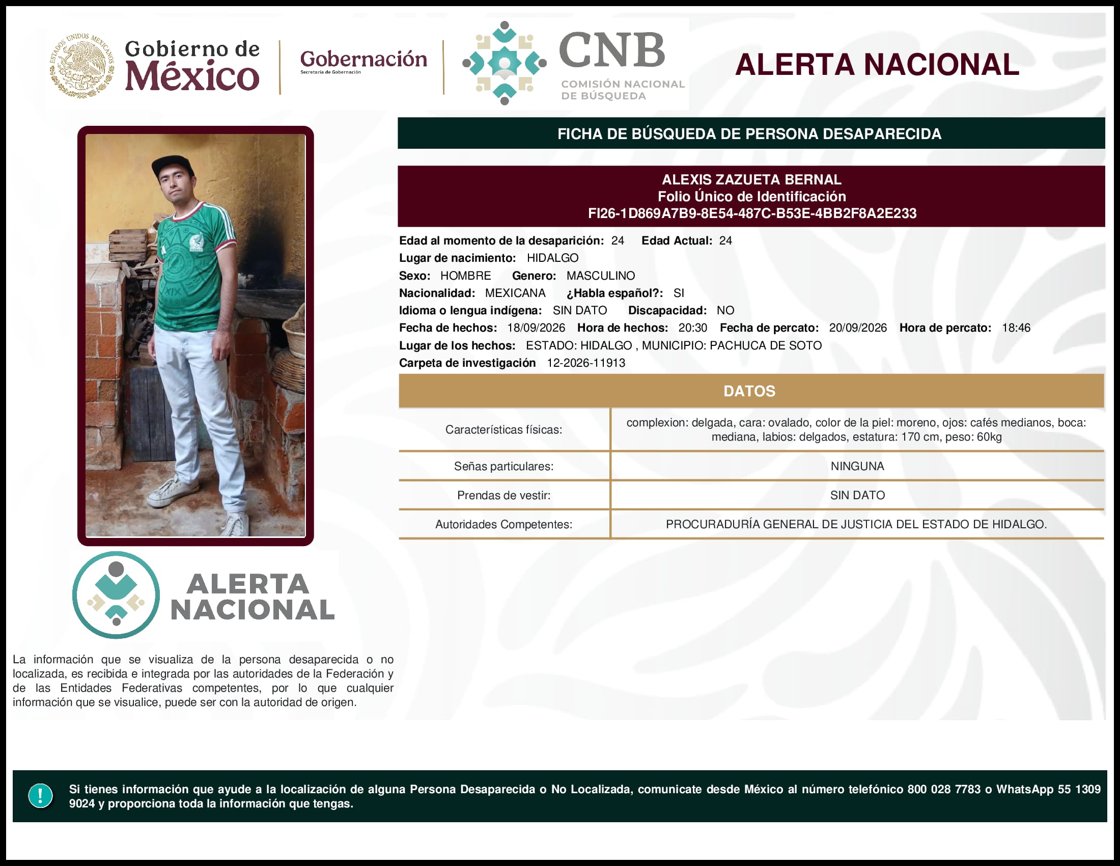 Persona desaparecida Alexis Zazueta Bernal
