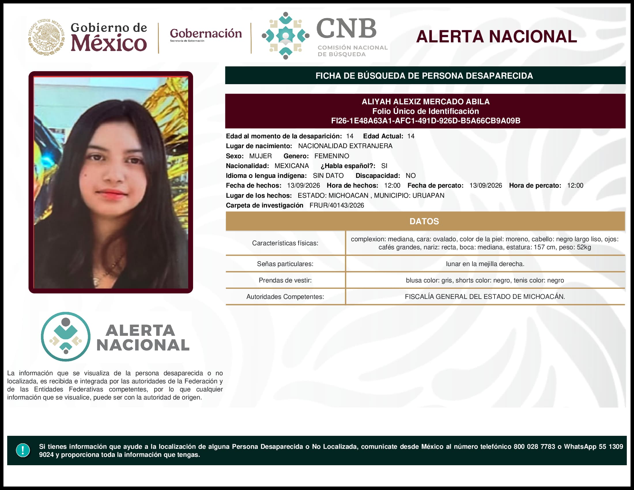 Persona desaparecida Aliyah Alexiz Mercado Abila