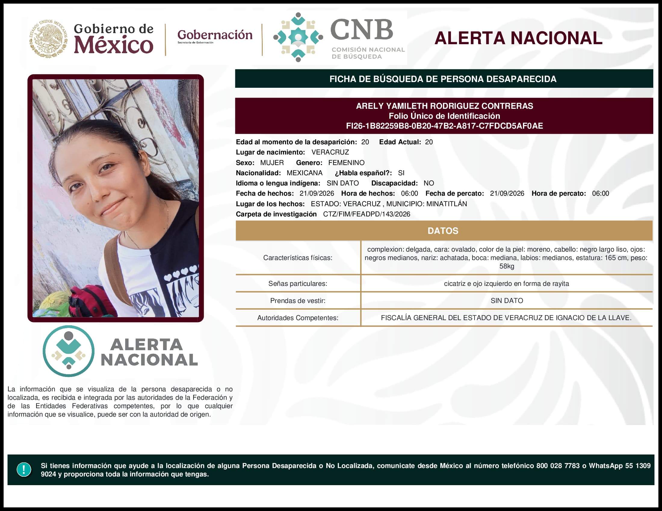 Persona desaparecida Arely Yamileth Rodriguez Contreras
