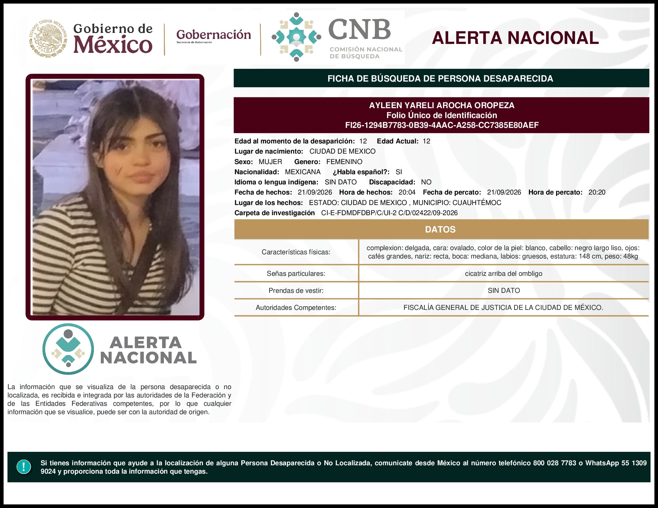 Persona desaparecida Ayleen Yareli Arocha Oropeza