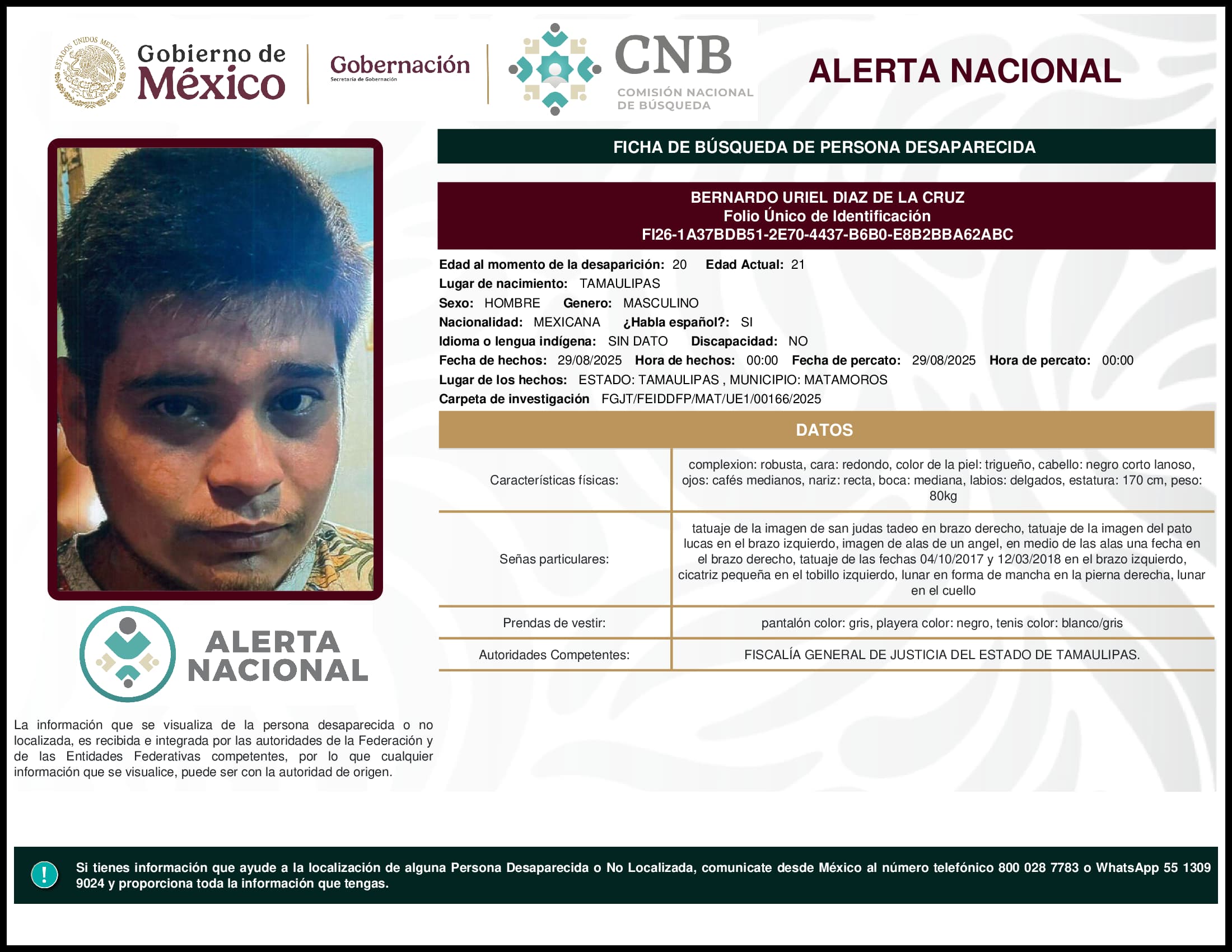 Persona desaparecida Bernardo Uriel Diaz De La Cruz
