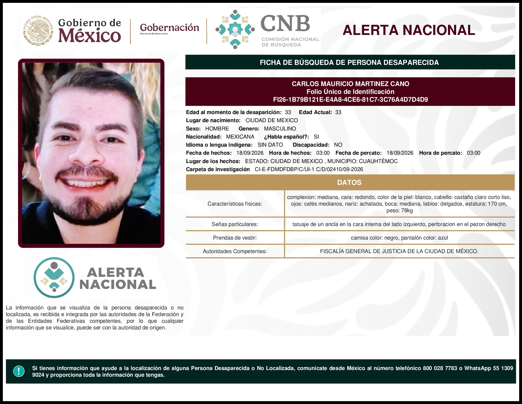 Persona desaparecida Carlos Mauricio Martinez Cano