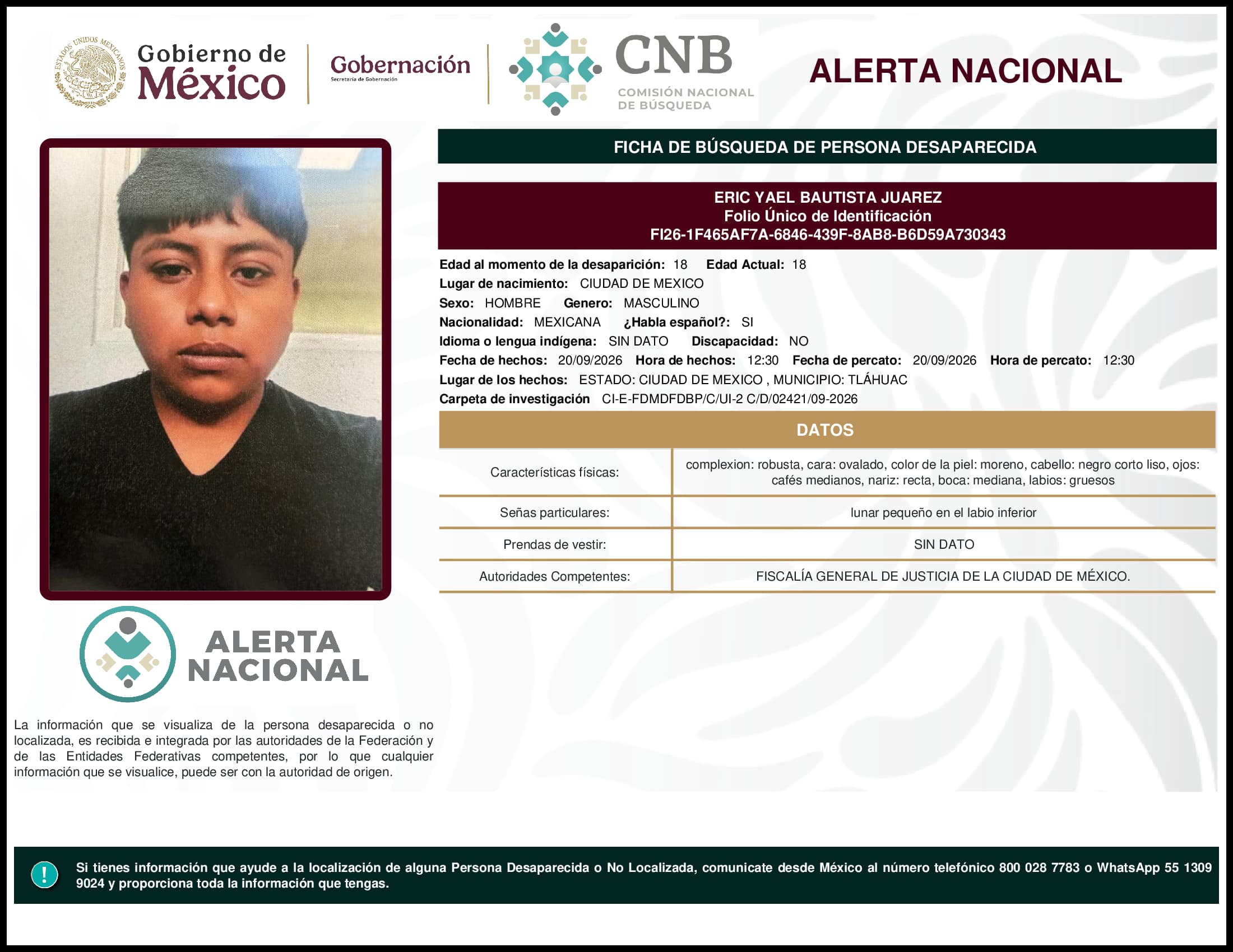 Persona desaparecida Eric Yael Bautista Juarez