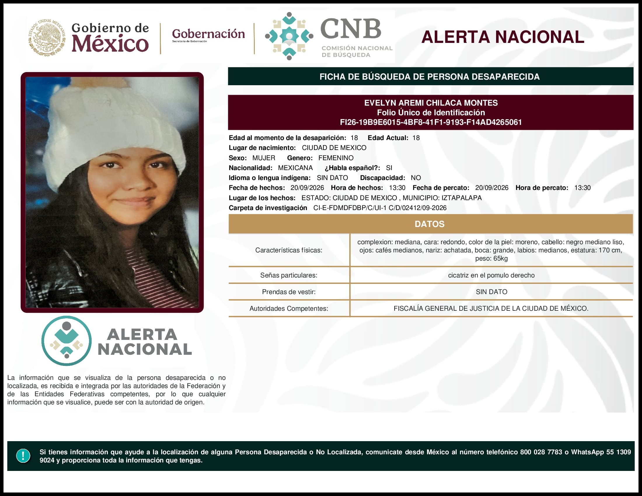 Persona desaparecida Evelyn Aremi Chilaca Montes