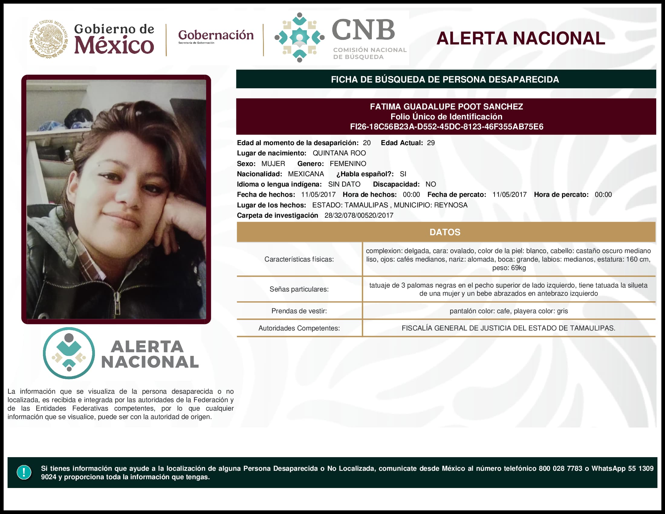 Persona desaparecida Fatima Guadalupe Poot Sanchez