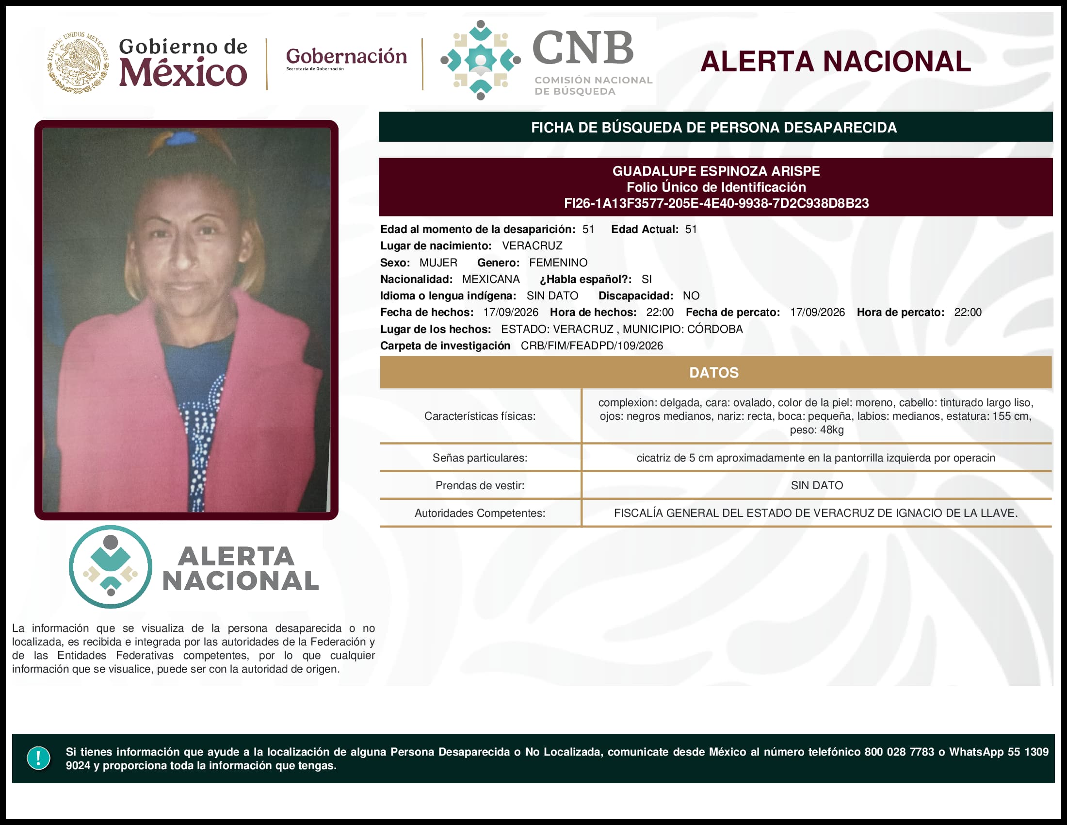 Persona desaparecida Guadalupe Espinoza Arispe
