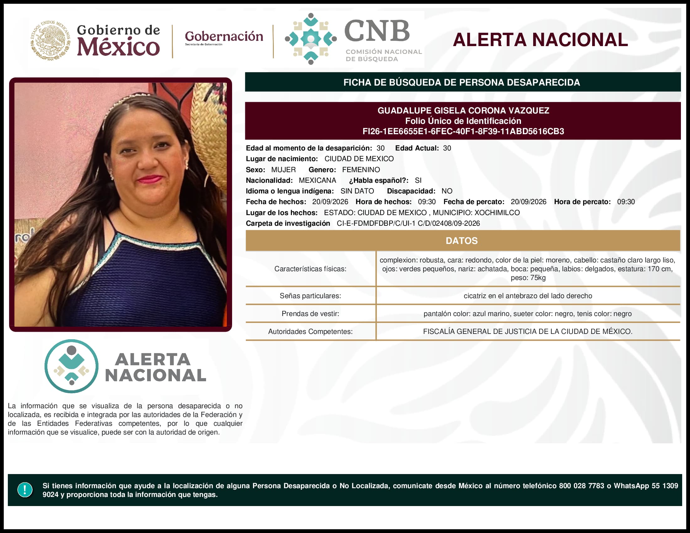 Persona desaparecida Guadalupe Gisela Corona Vazquez
