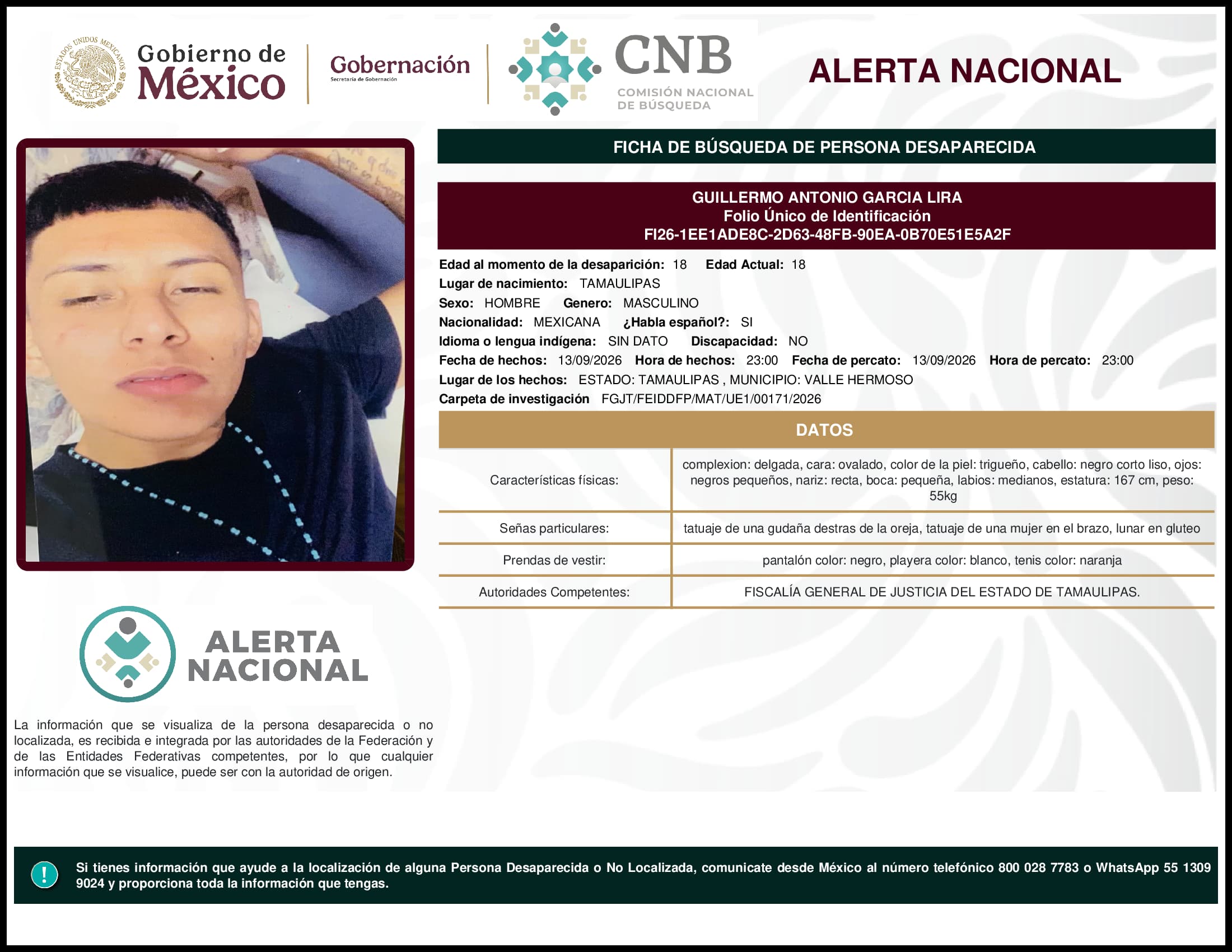 Persona desaparecida Guillermo Antonio Garcia Lira