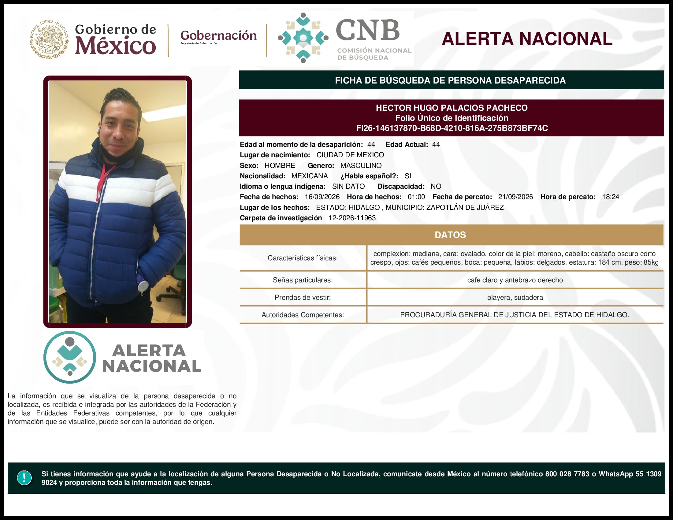 Persona desaparecida Hector Hugo Palacios Pacheco
