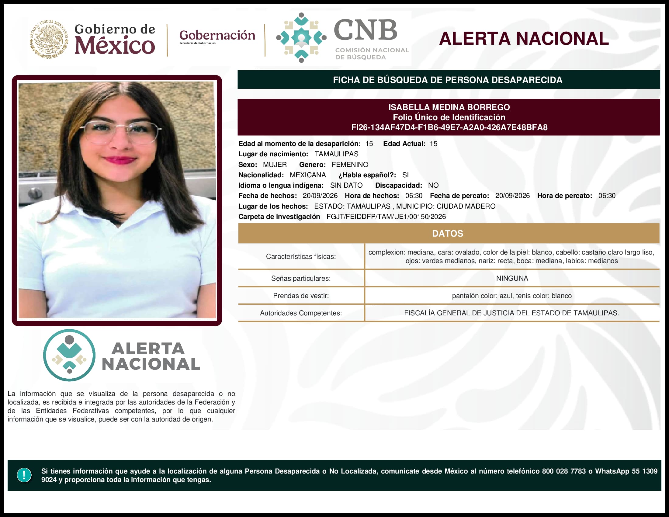 Persona desaparecida Isabella Medina Borrego