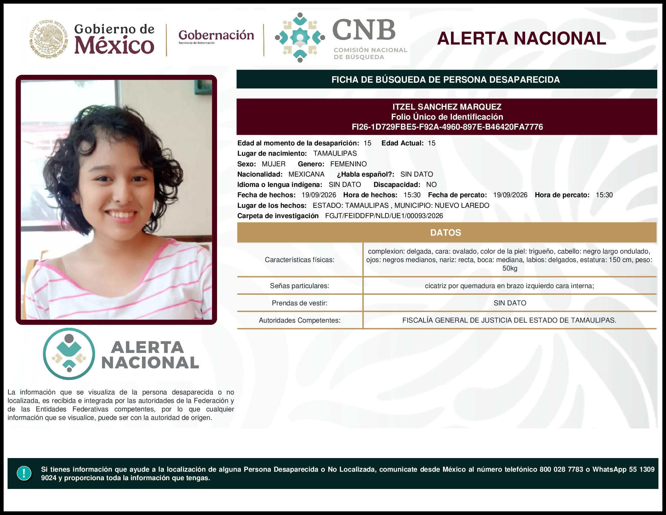 Persona desaparecida Itzel Sanchez Marquez