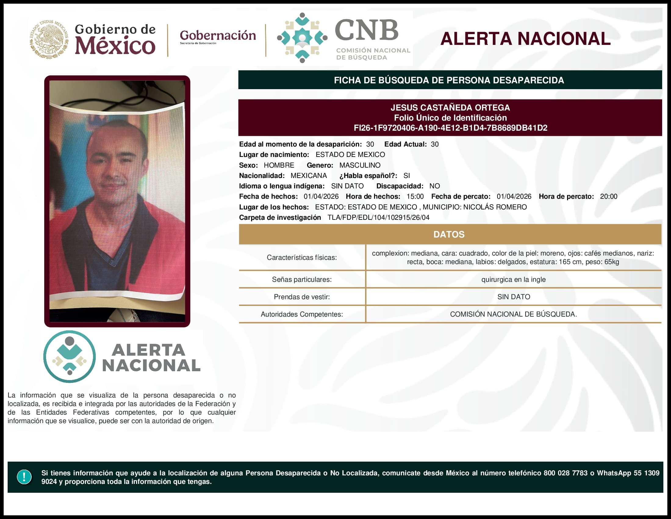 Persona desaparecida Jesus Castaneda Ortega
