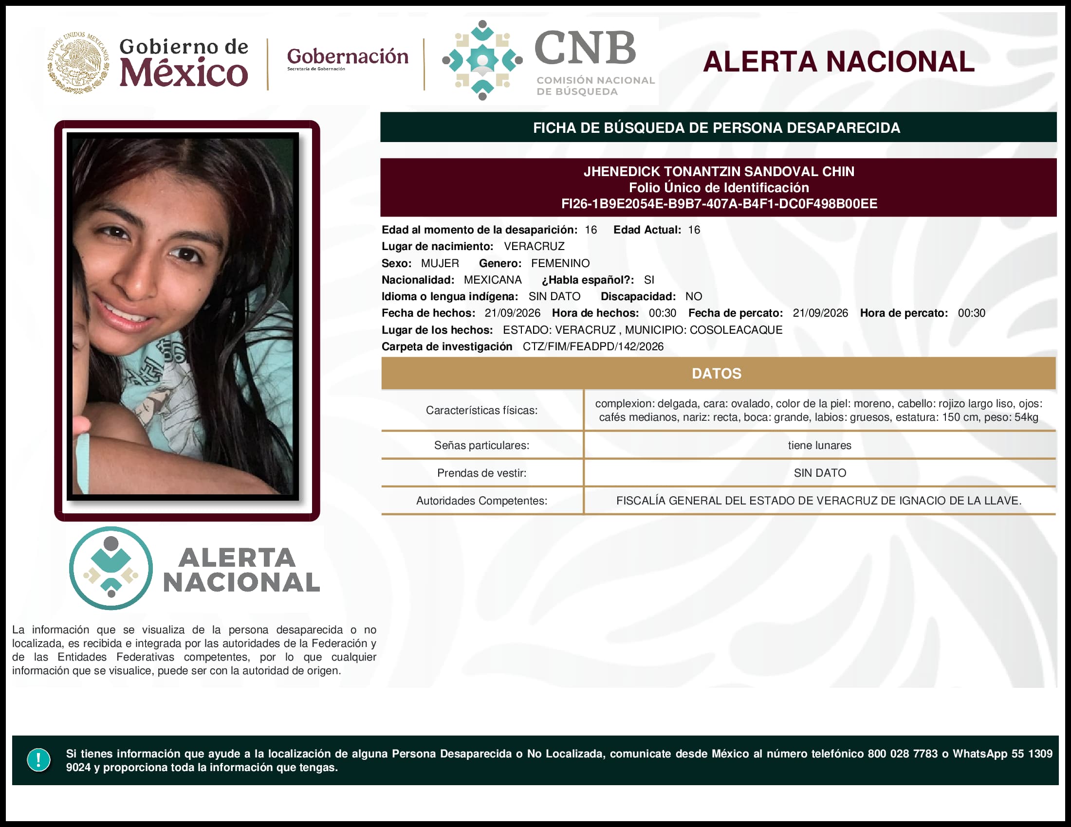 Persona desaparecida Jhenedick Tonantzin Sandoval Chin