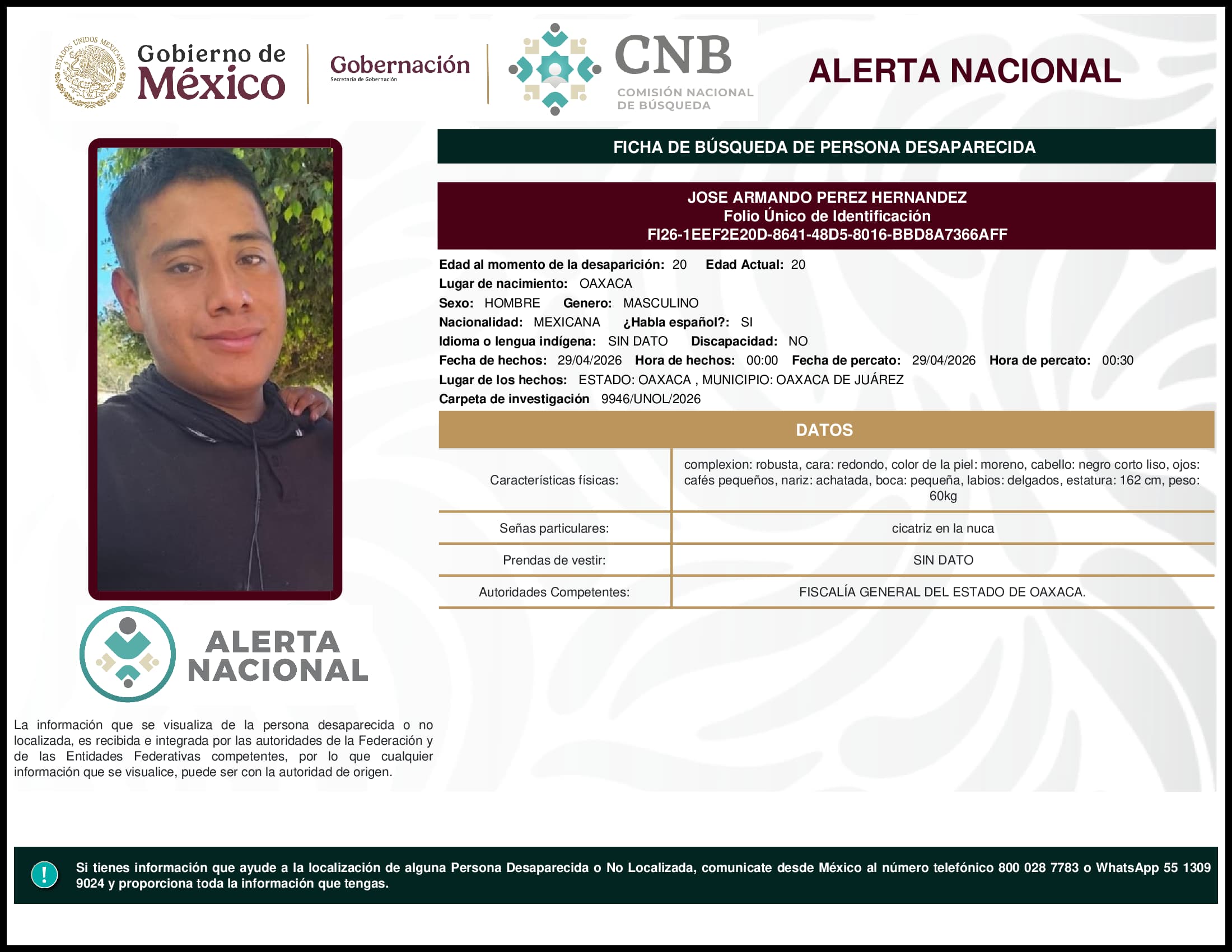 Persona desaparecida Jose Armando Perez Hernandez