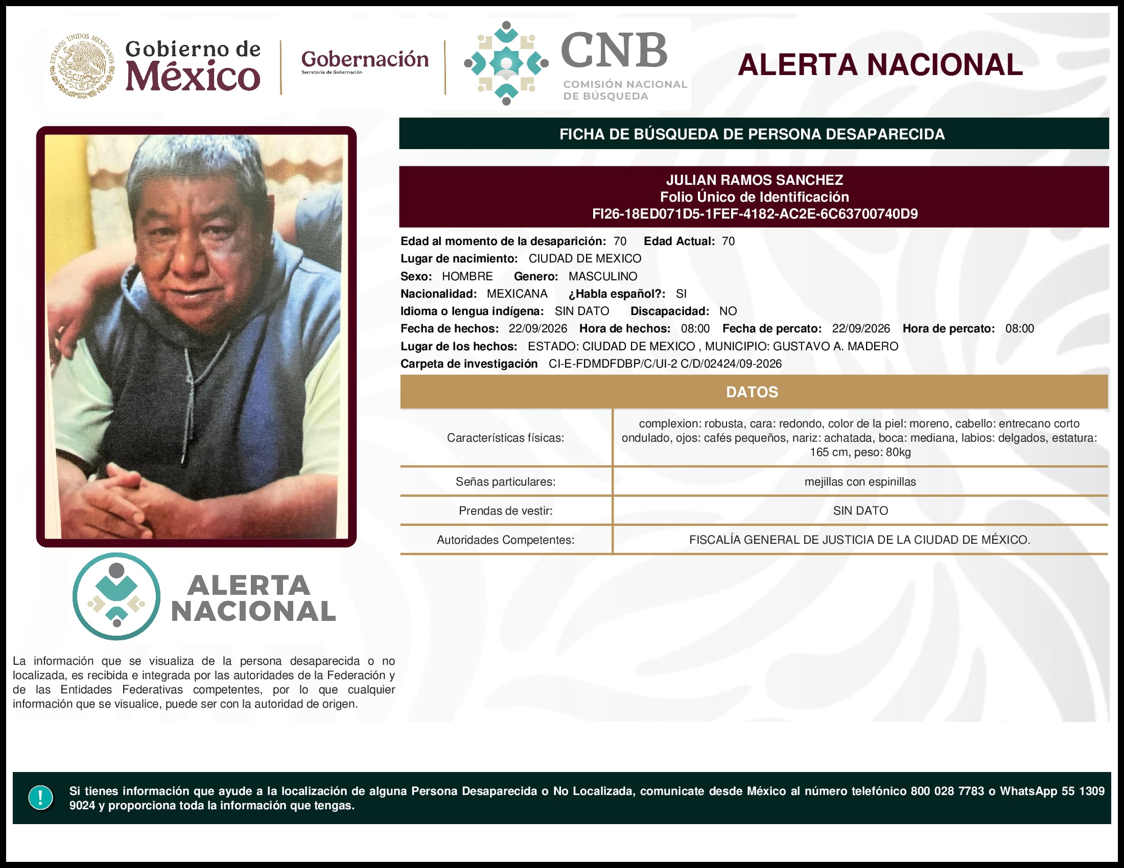 Persona desaparecida Julian Ramos Sanchez
