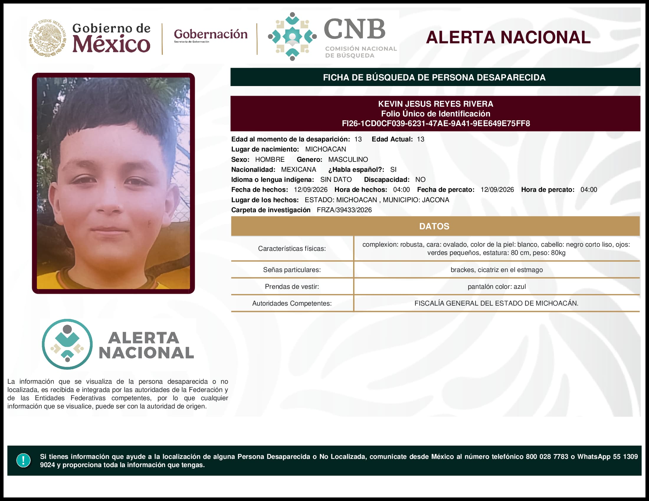 Persona desaparecida Kevin Jesus Reyes Rivera