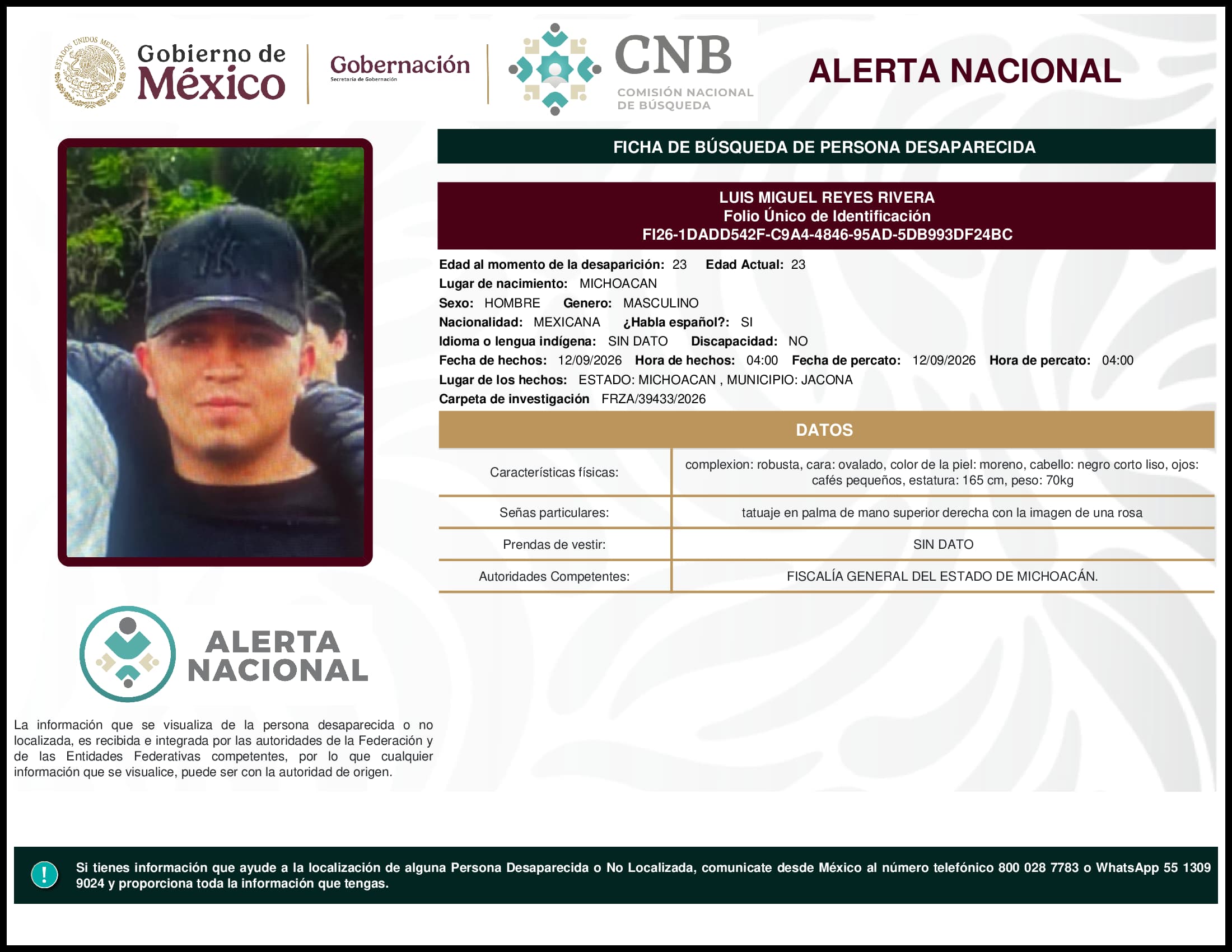 Persona desaparecida Luis Miguel Reyes Rivera