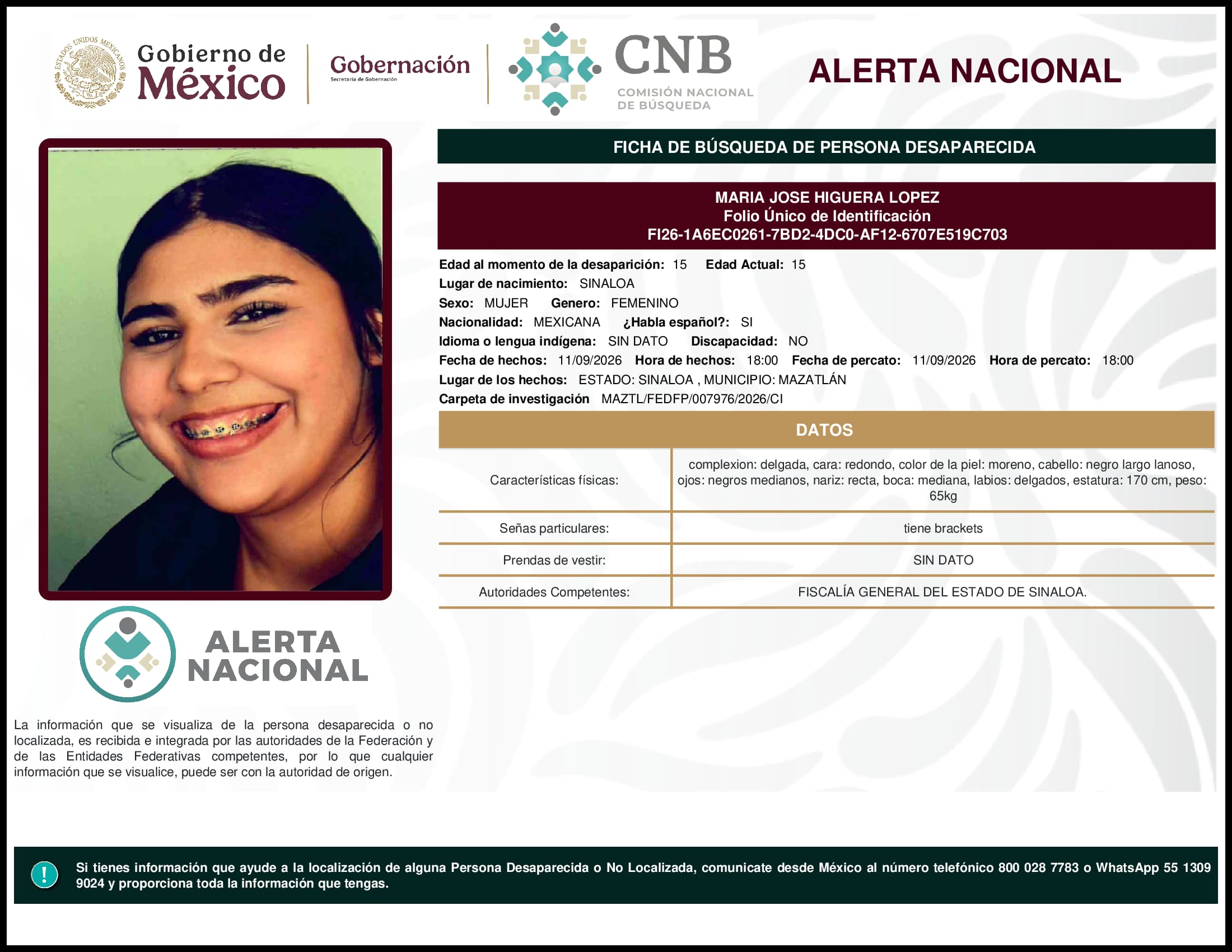 Persona desaparecida Maria Jose Higuera Lopez