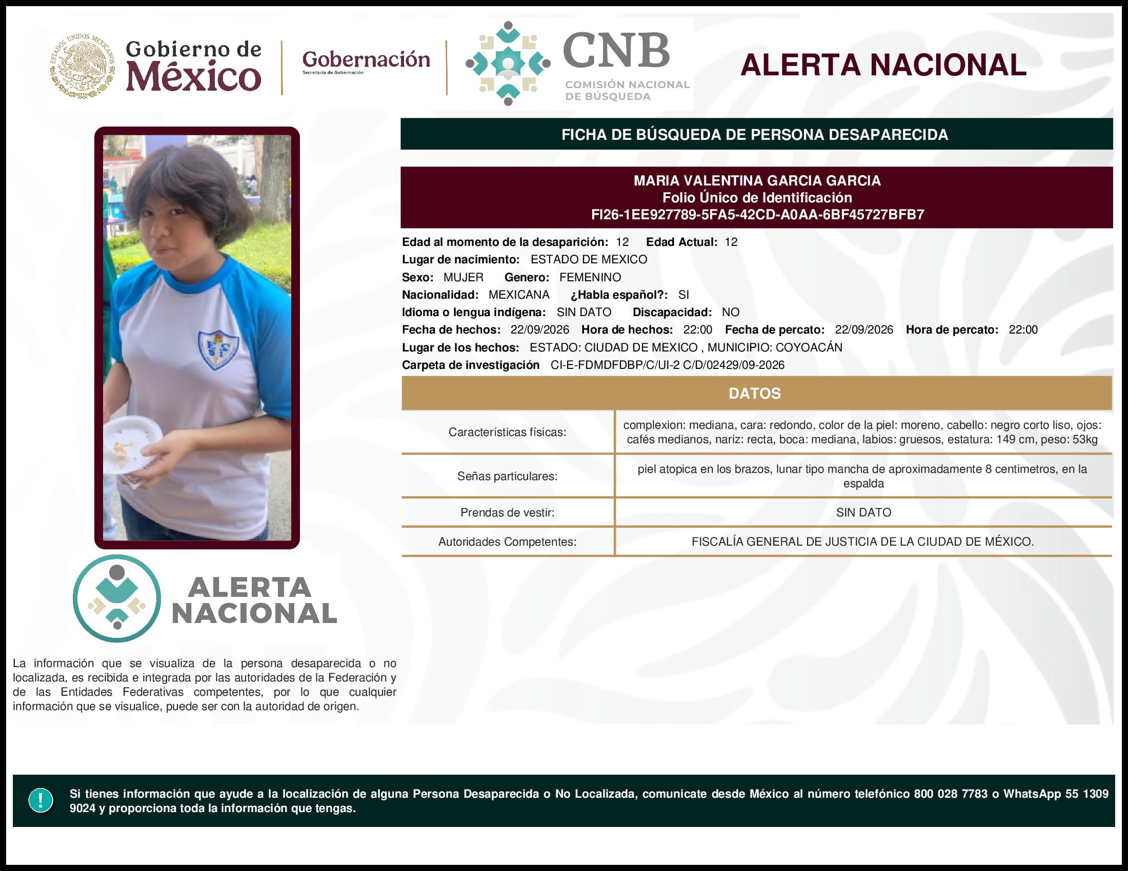 Persona desaparecida Maria Valentina Garcia Garcia