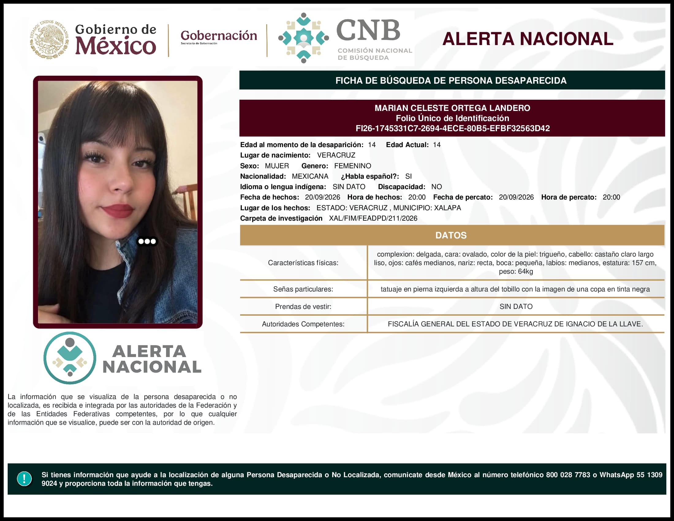 Persona desaparecida Marian Celeste Ortega Landero