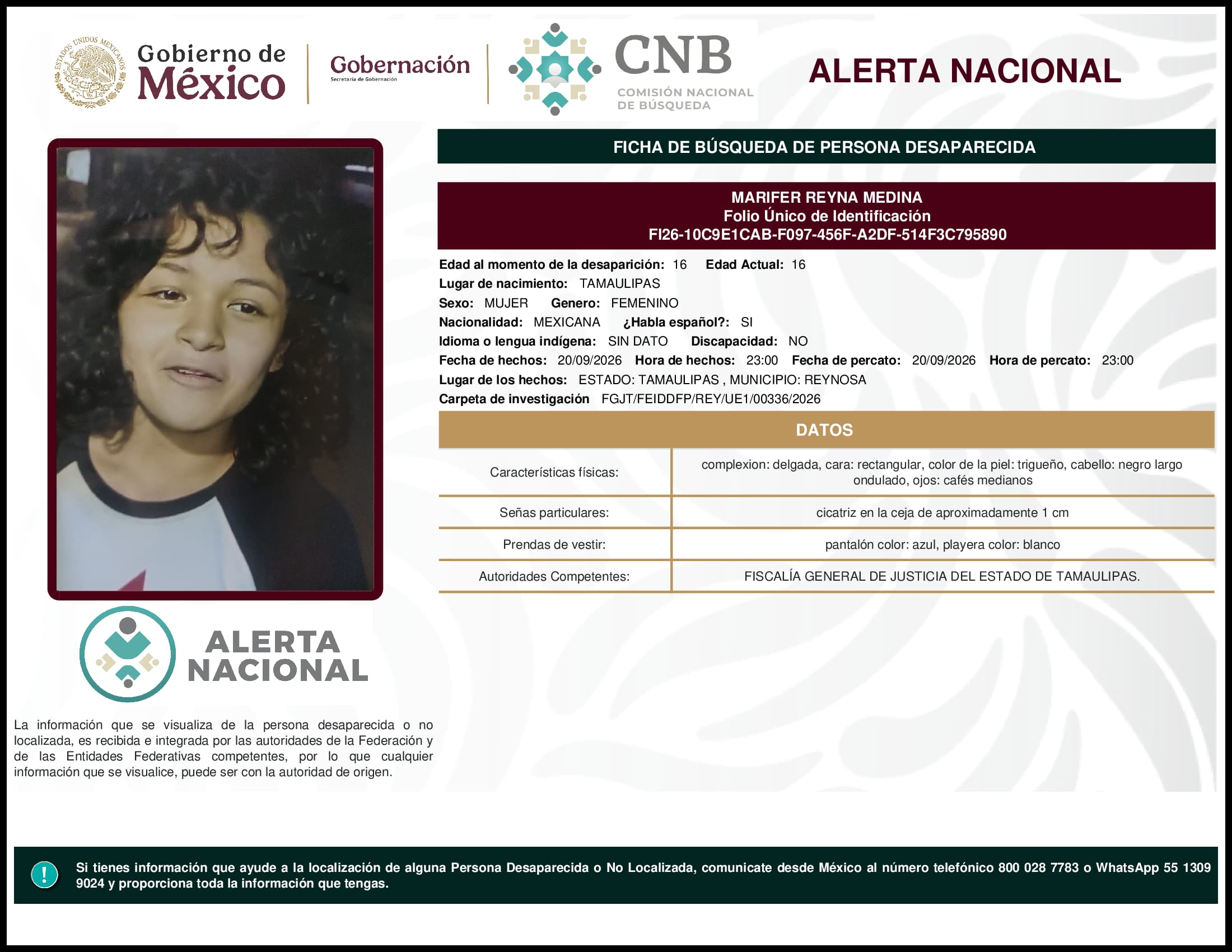 Persona desaparecida Marifer Reyna Medina