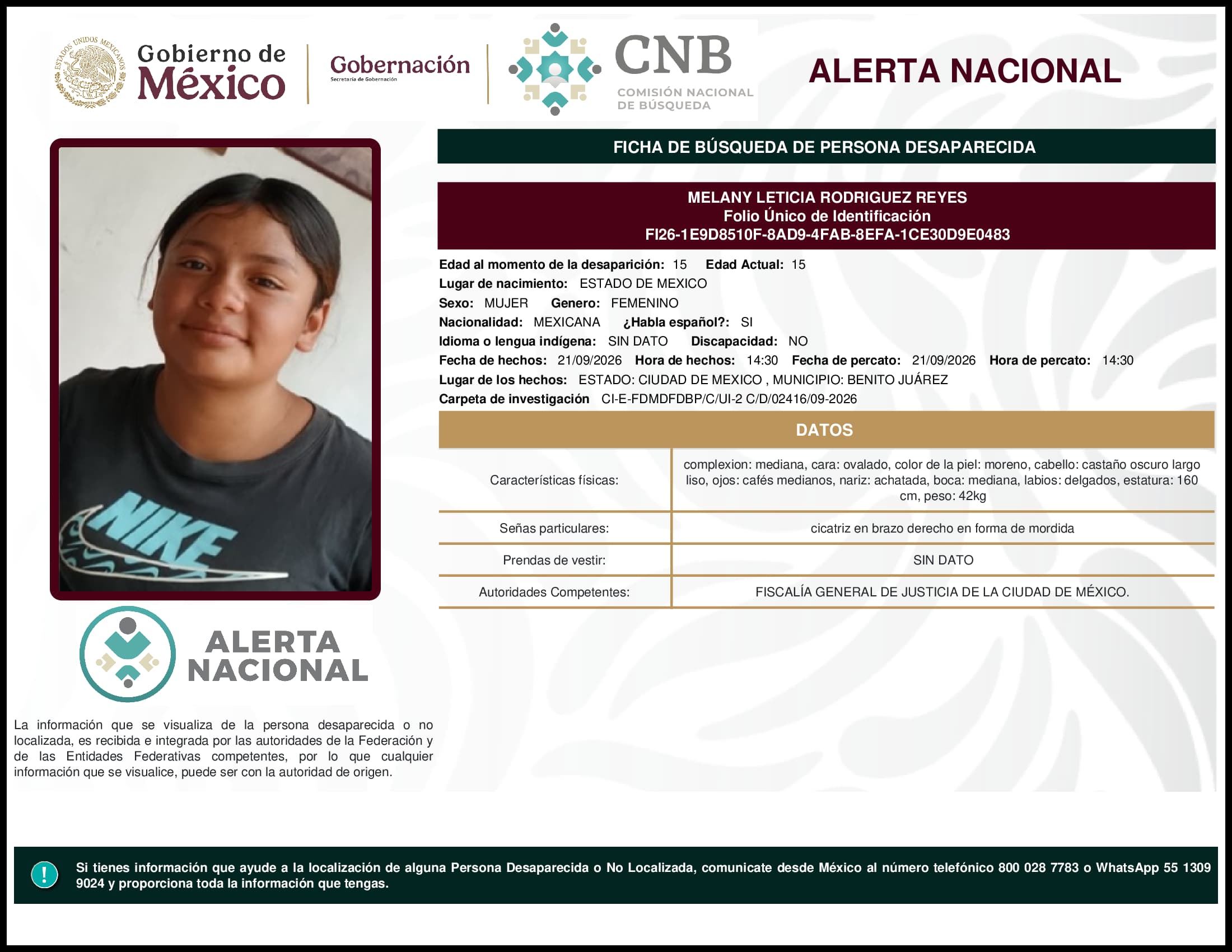 Persona desaparecida Melany Leticia Rodriguez Reyes