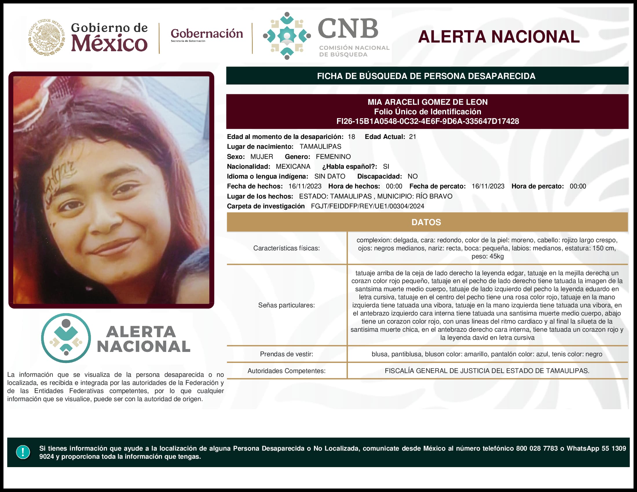 Persona desaparecida Mia Araceli Gomez De Leon