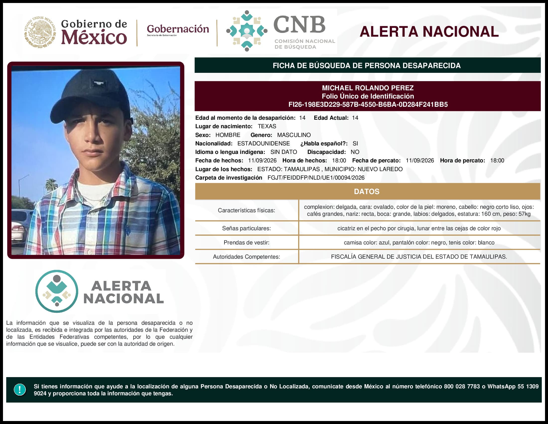 Persona desaparecida Michael Rolando Perez