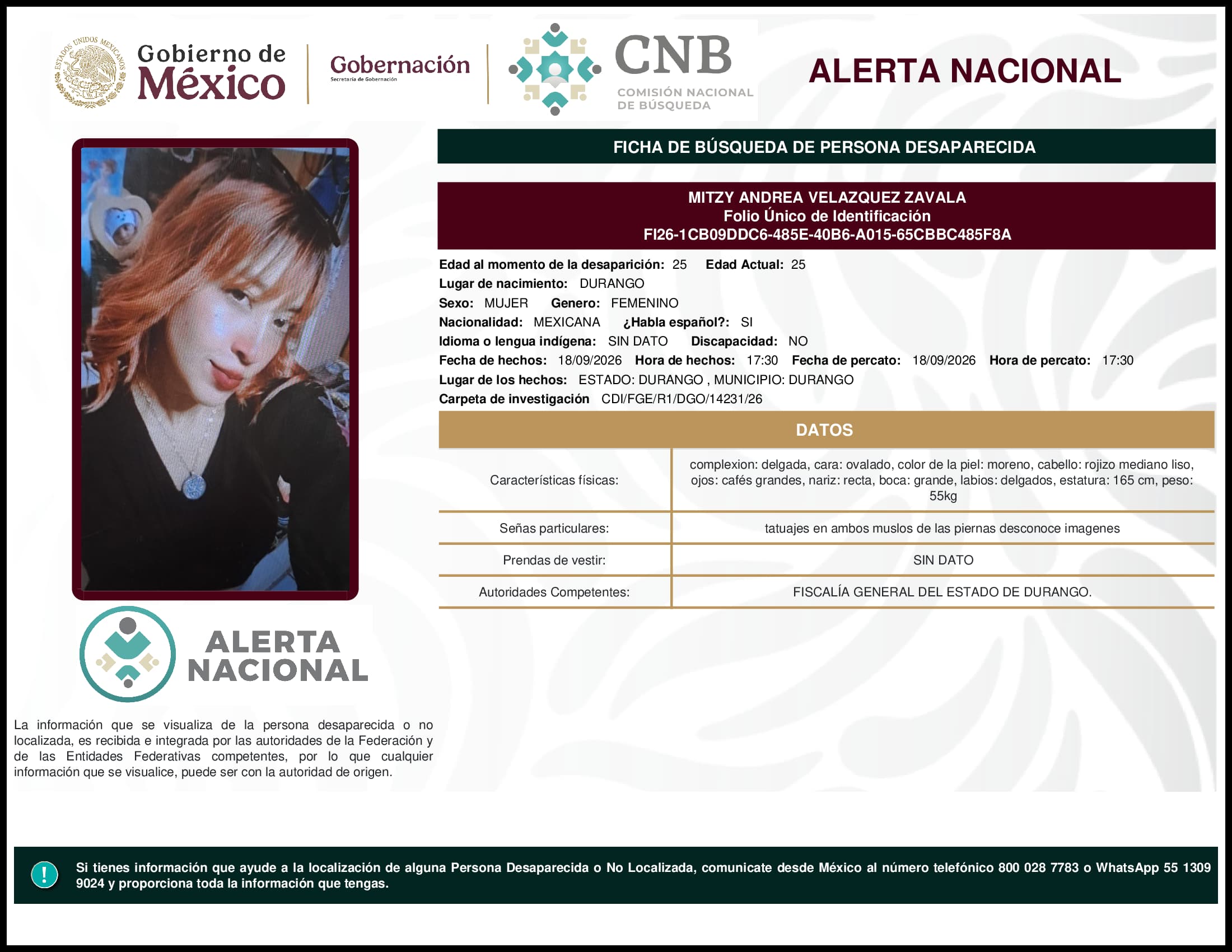 Persona desaparecida Mitzy Andrea Velazquez Zavala