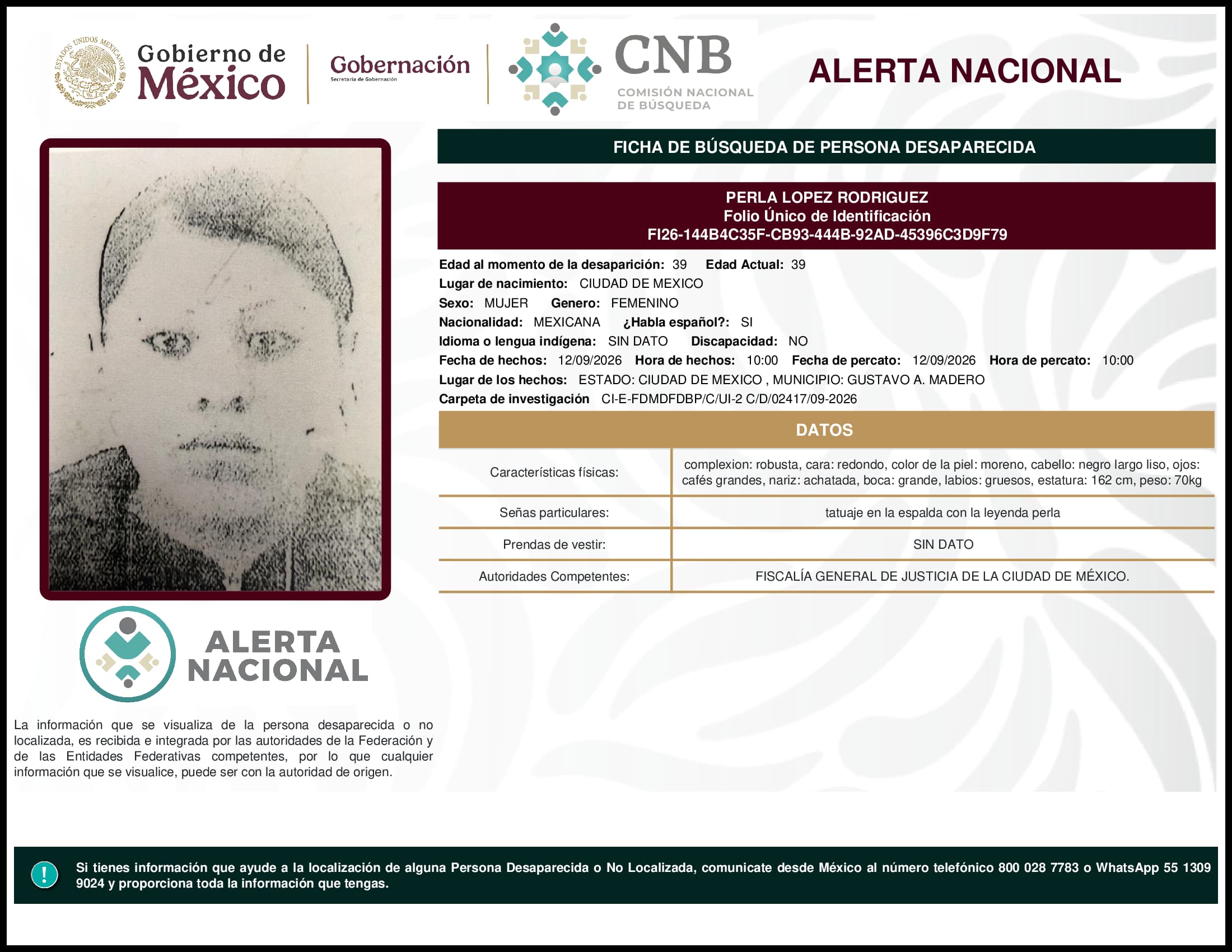 Persona desaparecida Perla Lopez Rodriguez