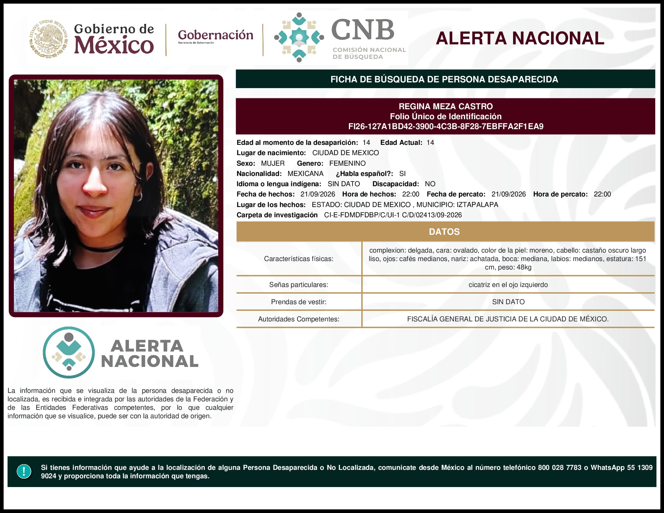 Persona desaparecida Regina Meza Castro
