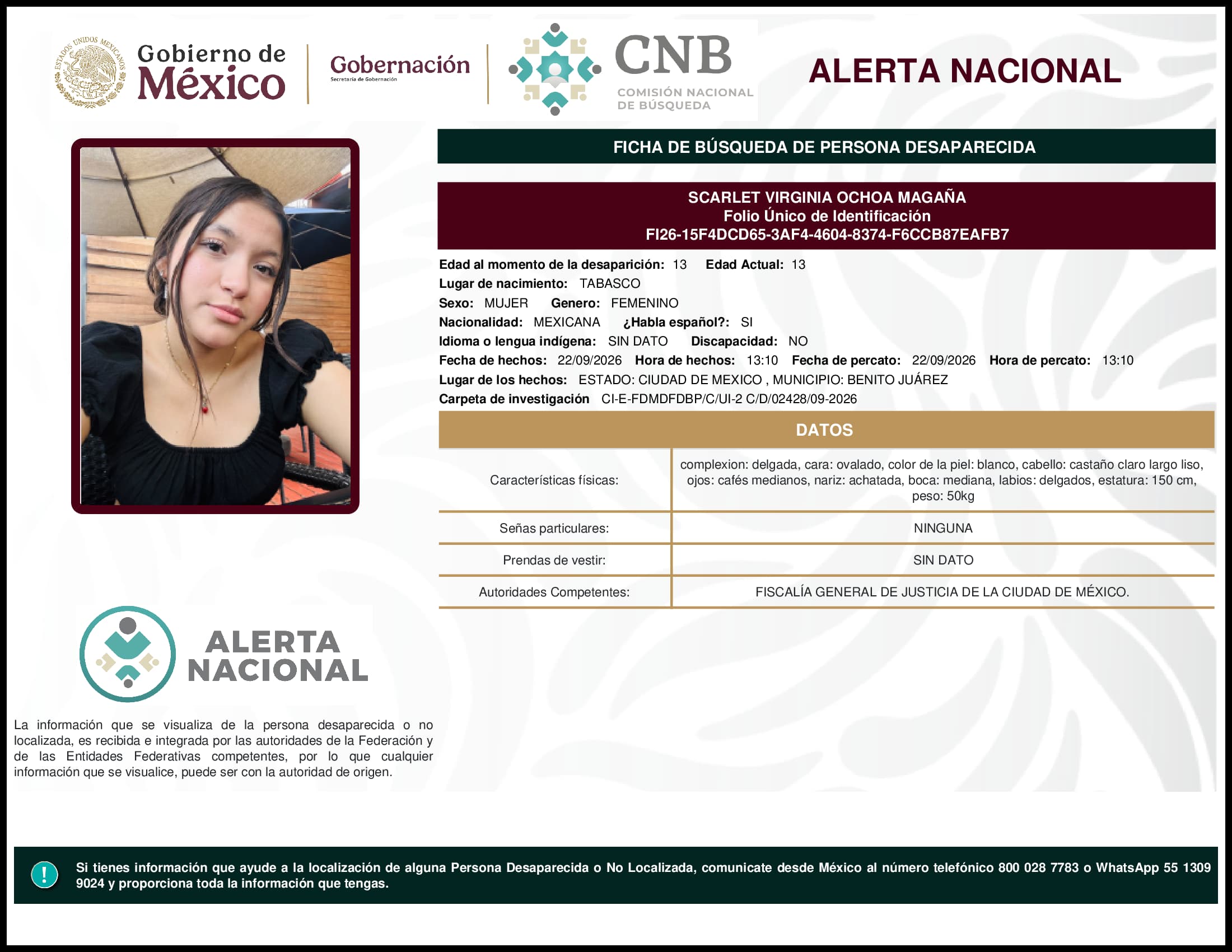 Persona desaparecida Scarlet Virginia Ochoa Magana