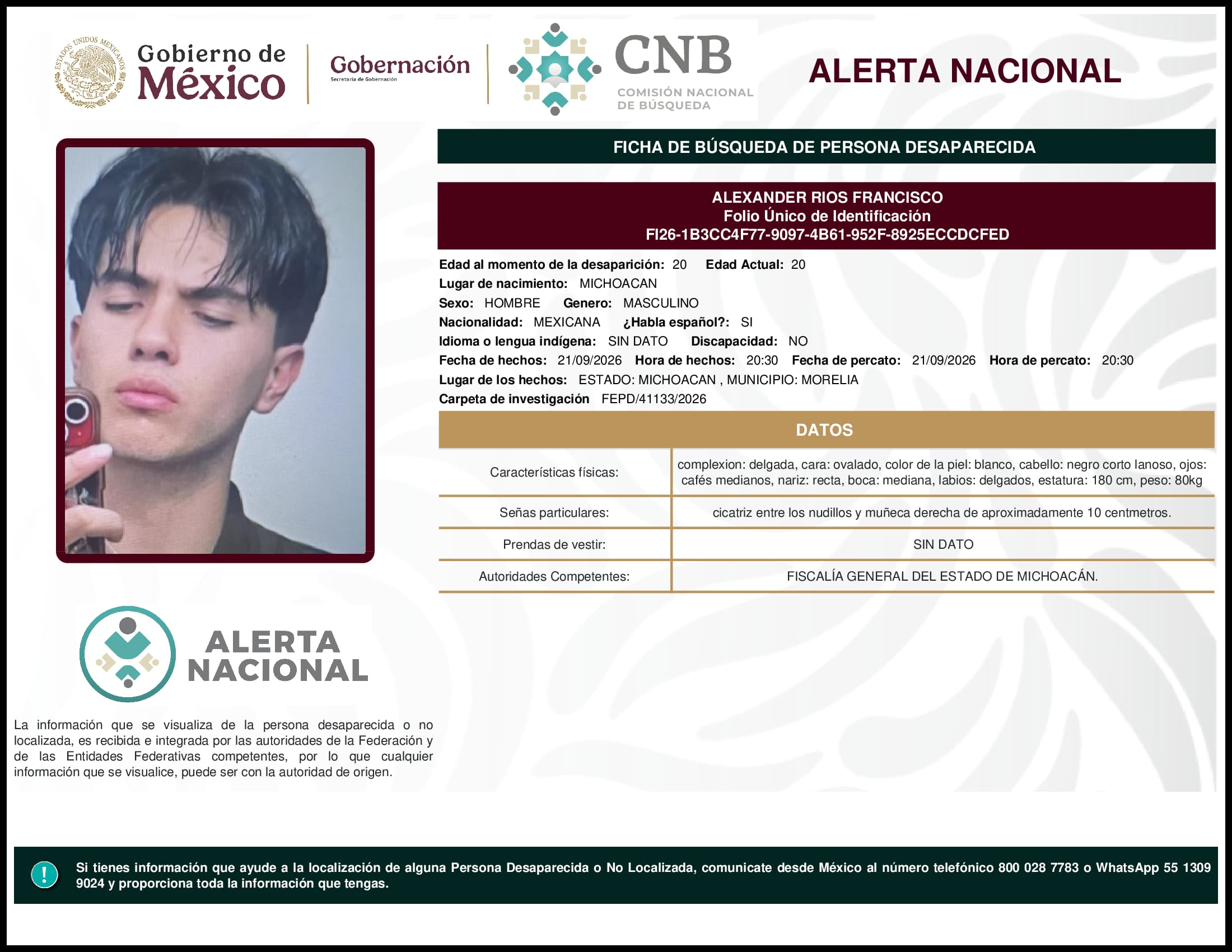 Persona desaparecida Alexander Rios Francisco