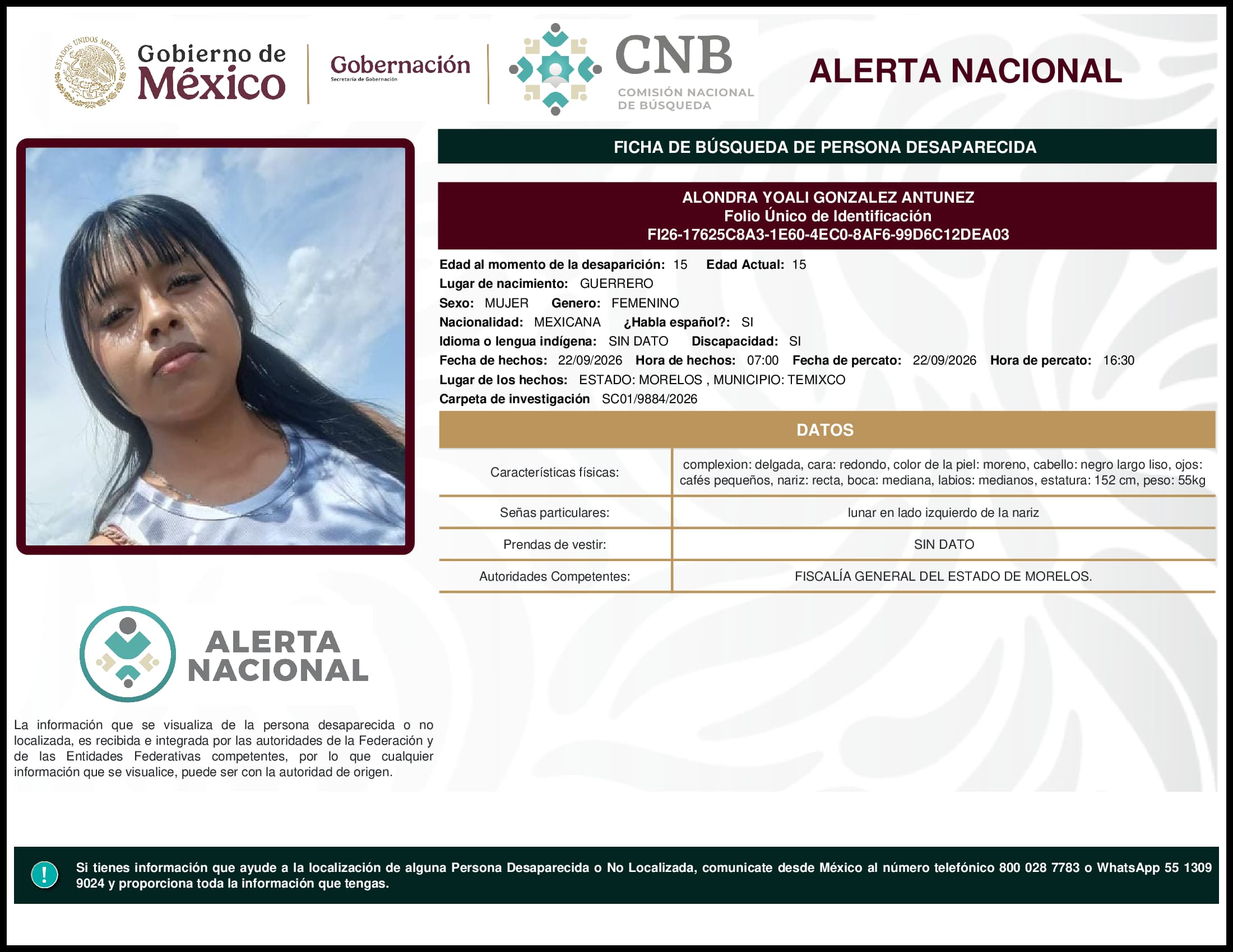Persona desaparecida Alondra Yoali Gonzalez Antunez