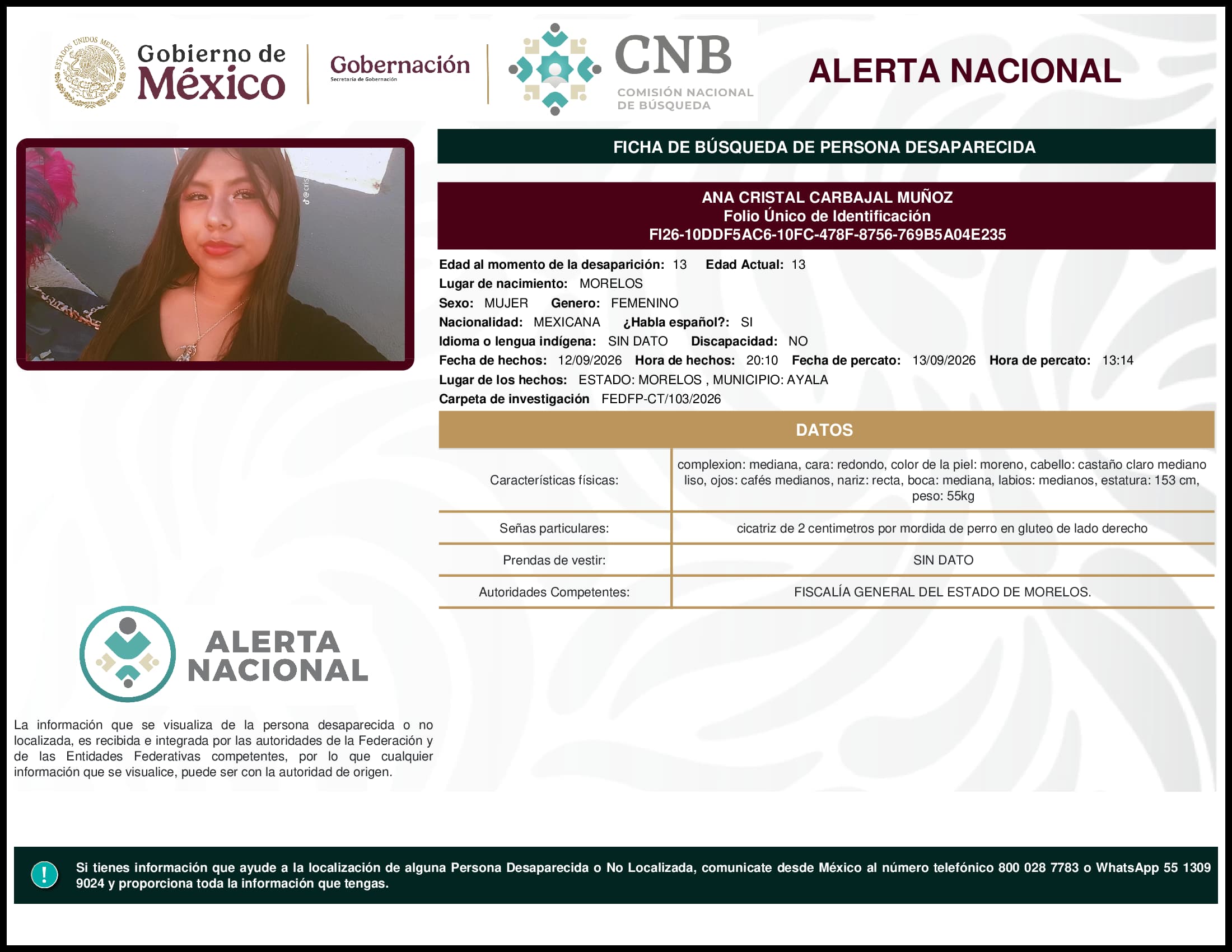 Persona desaparecida Ana Cristal Carbajal Munoz