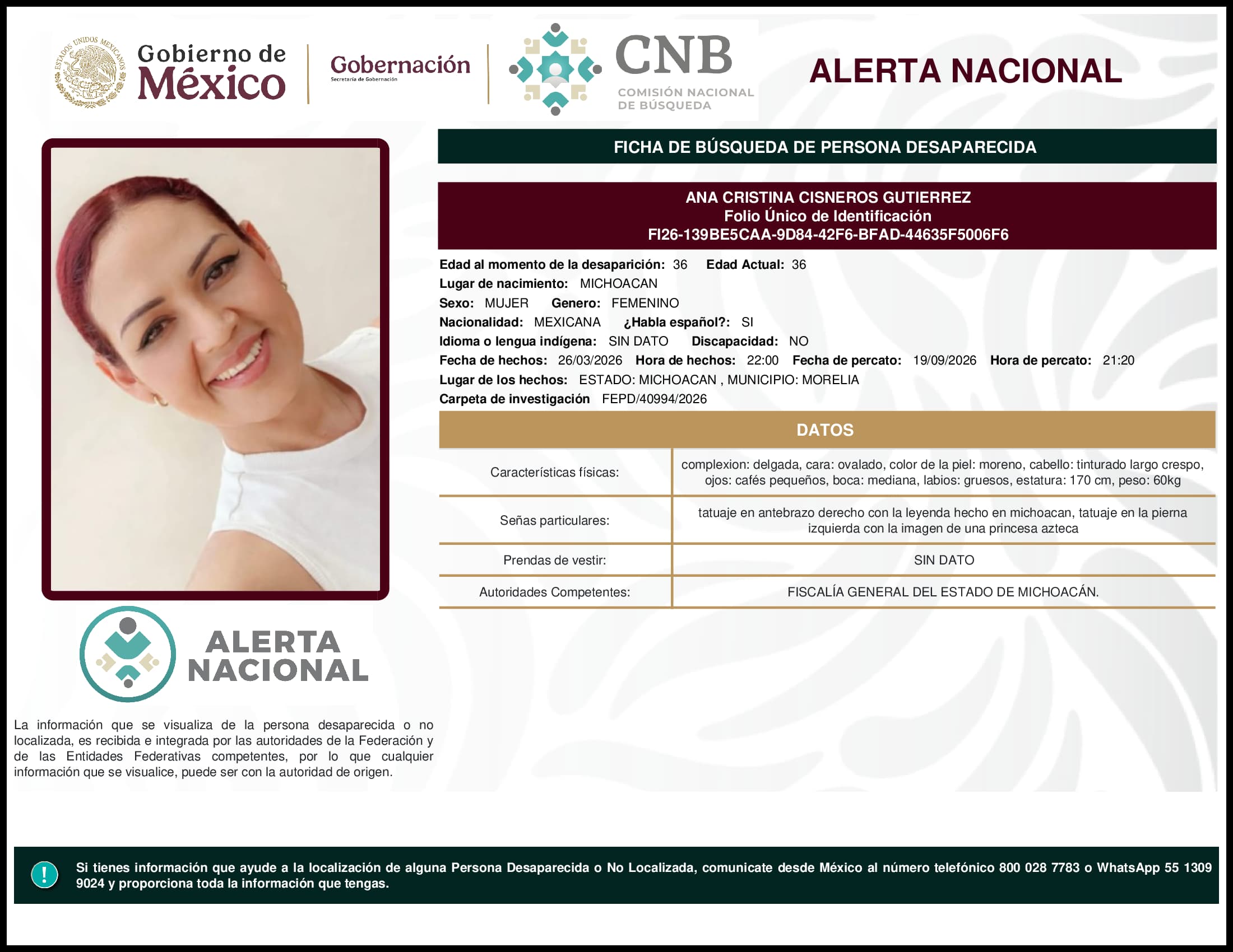 Persona desaparecida Ana Cristina Cisneros Gutierrez