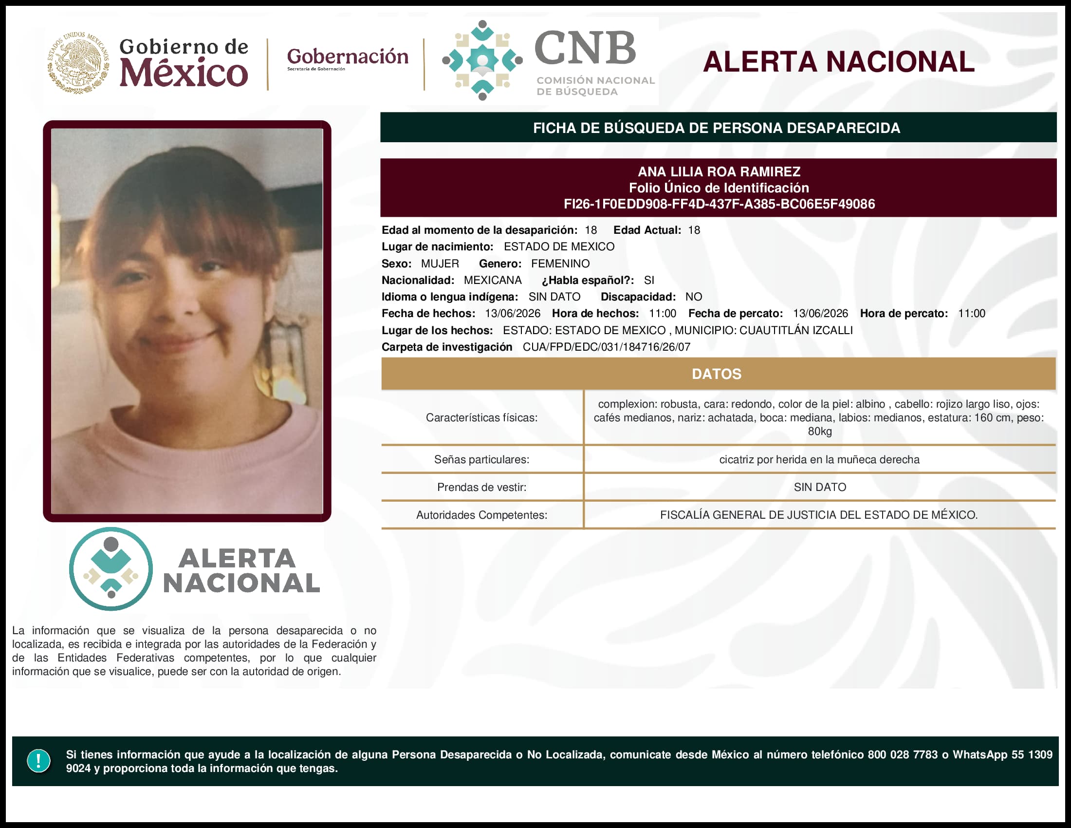 Persona desaparecida Ana Lilia Roa Ramirez