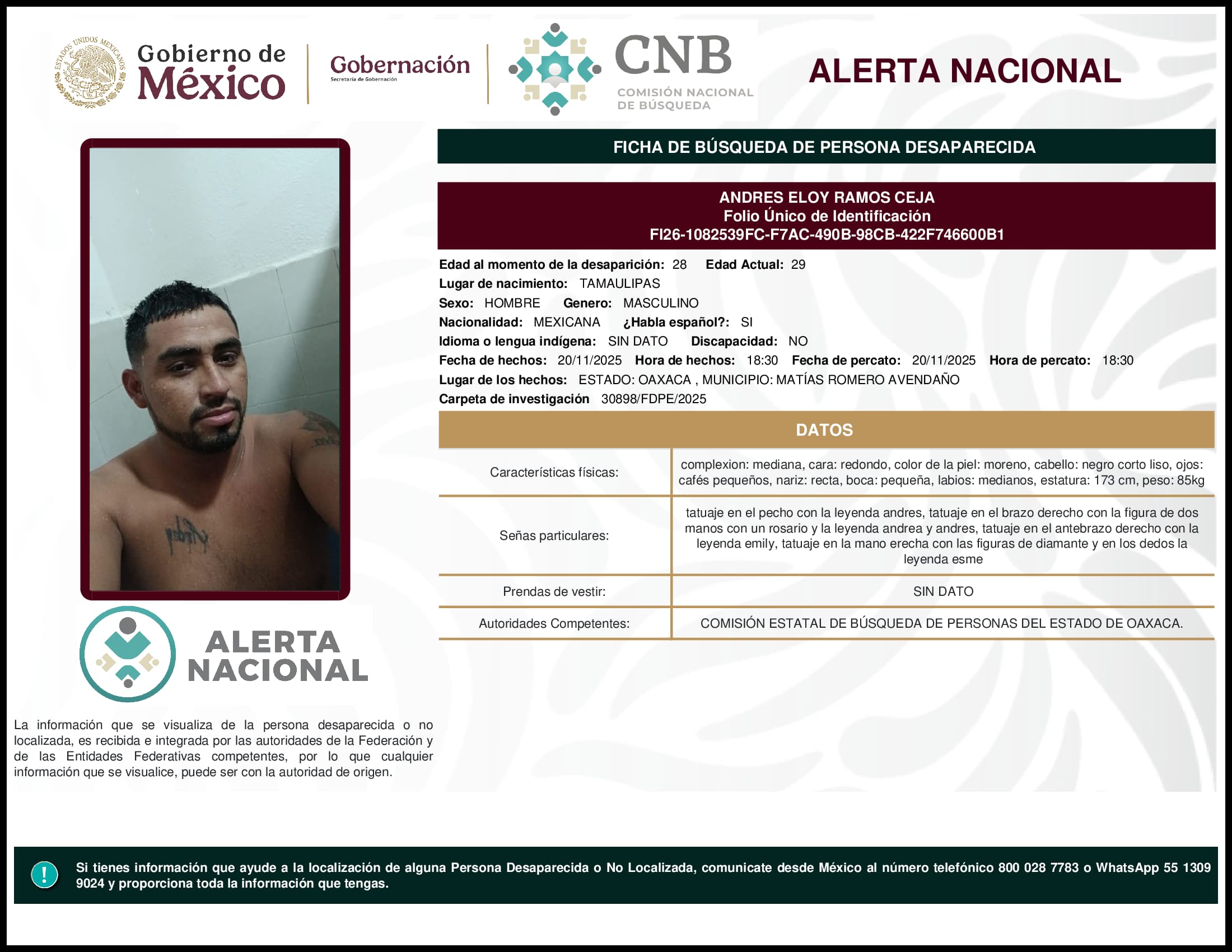 Persona desaparecida Andres Eloy Ramos Ceja